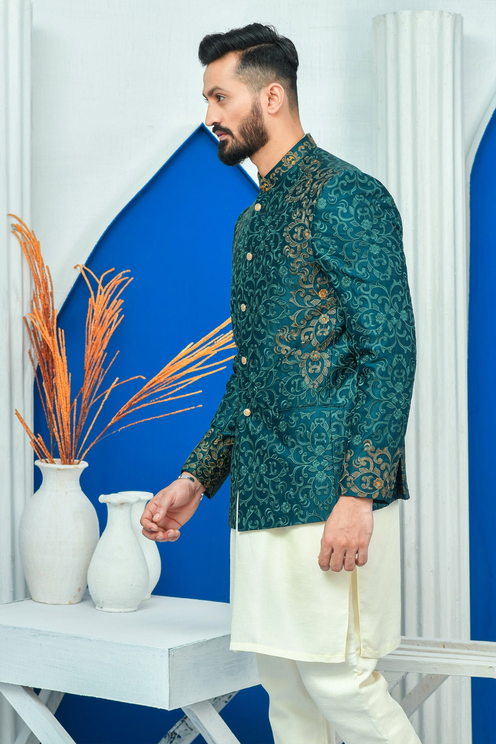 ER PC 2026 Royal Green Side Embroided Prince Coat with Zari work