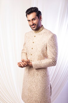 Perfect Gold With Gold Work Sherwani For Groom