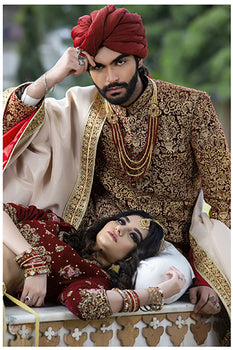 Red Groom Sherwani With Turban And Foot Wear