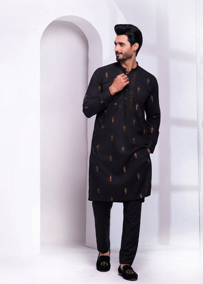 ER EMB 537 Black Ethinic Block Embroided Kurta Pajama