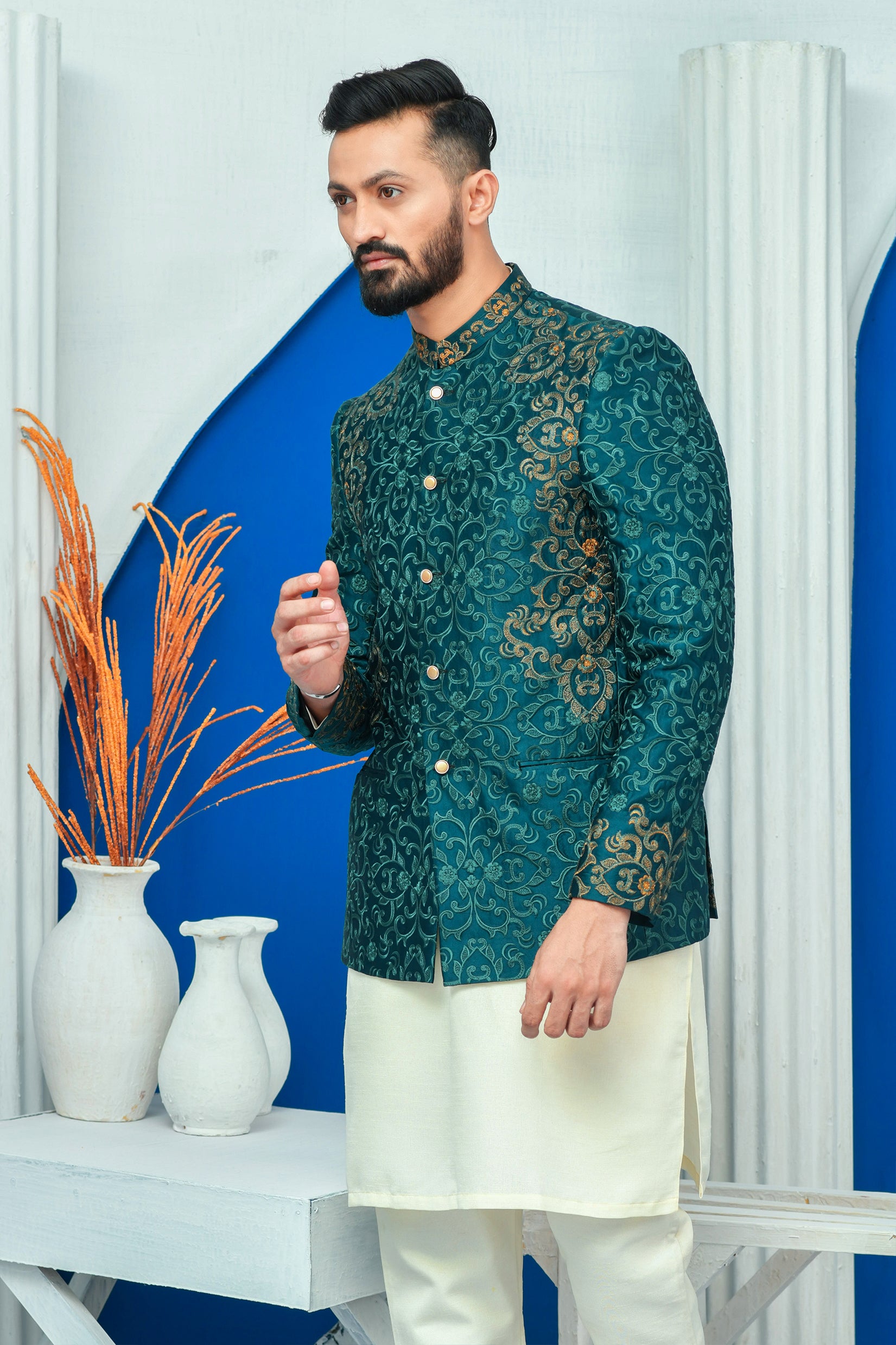 ER PC 2026 Royal Green Side Embroided Prince Coat with Zari work