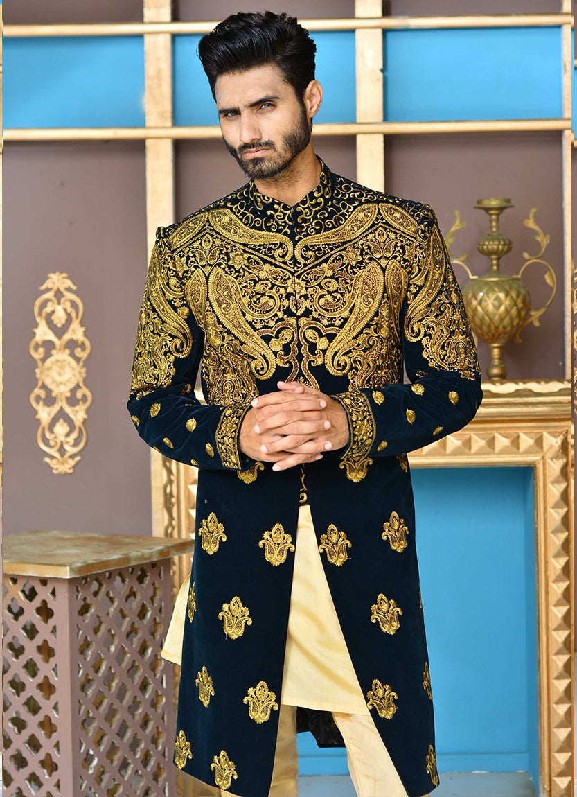 Er Sh-080 Ranveer Singh Sherwani Khali Style on Velvet With Copper Tilla Embroidery