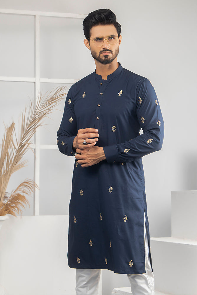 ER 525 Blue WIth Gold EMbroided Kurta And Off White Trouser