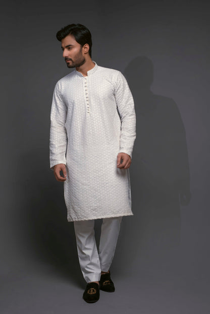 ER 521 White Chicken Kari Style Diagonal Embroided Kurta Pajama