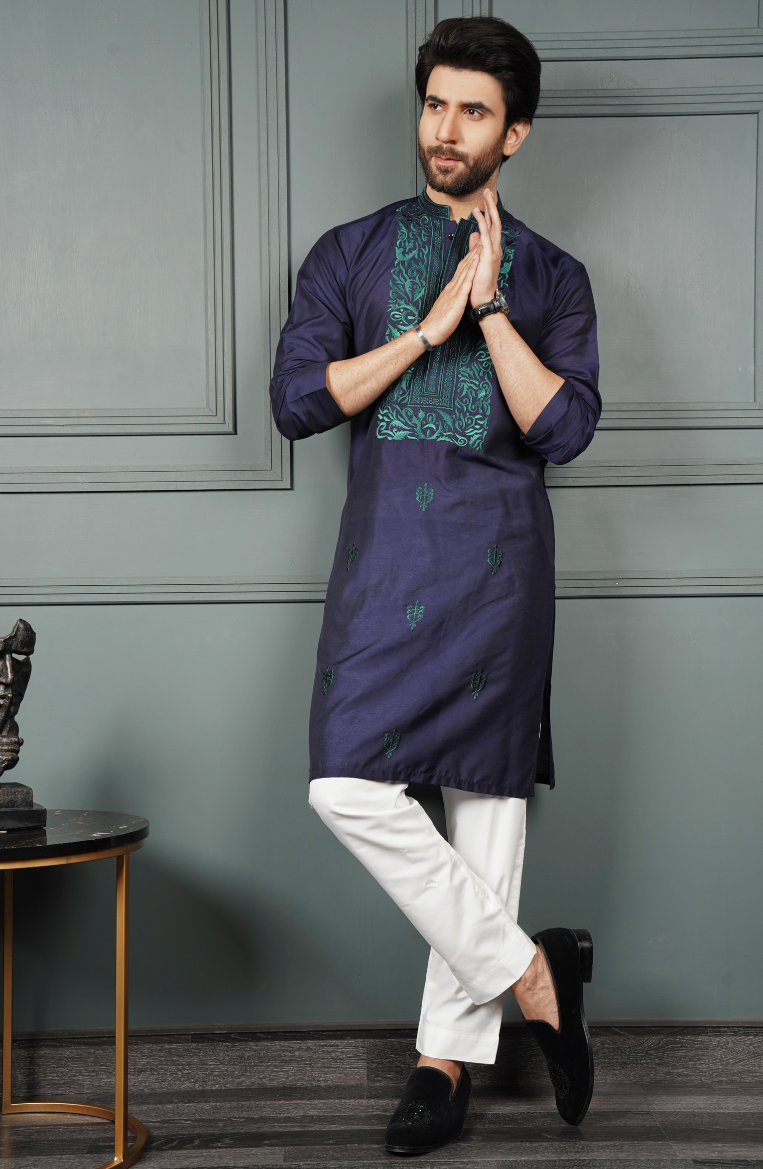 ER 621 Navy Blue cotton Silk With neon green Wmbroidery With White Trousers