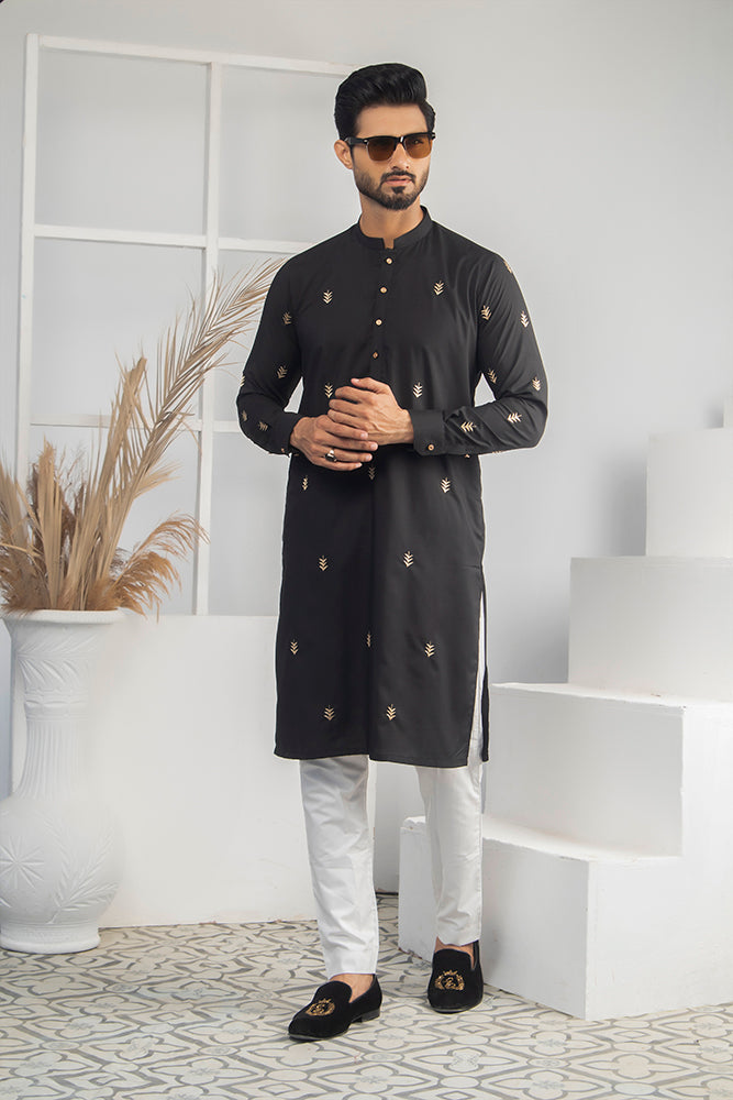 ER 524 Black WIth Gold EMbroided Kurta And Off White Trouser