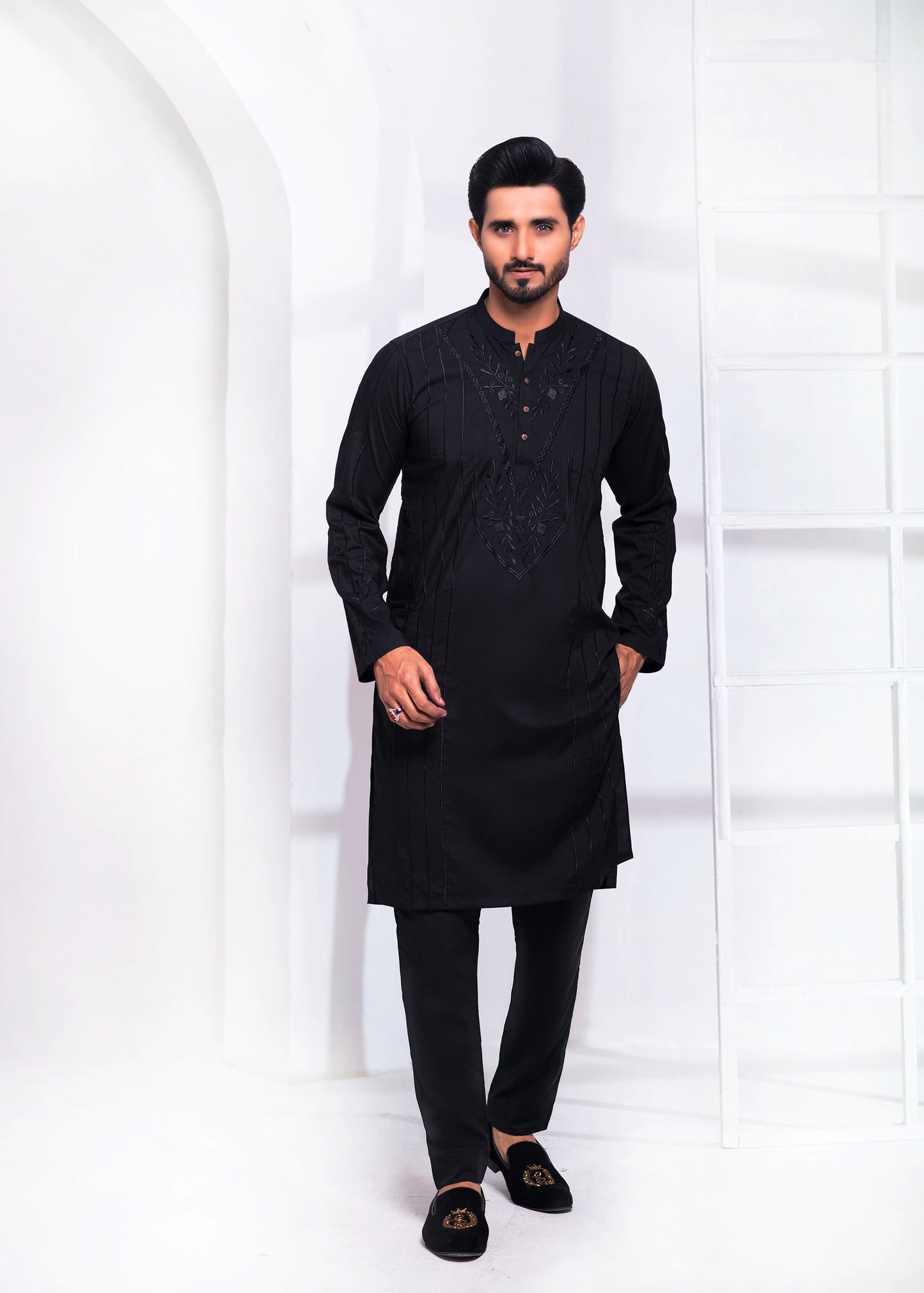 ER EMB 539 Black Uber Wash N wear With Resham Embroidery Kurta Pajama