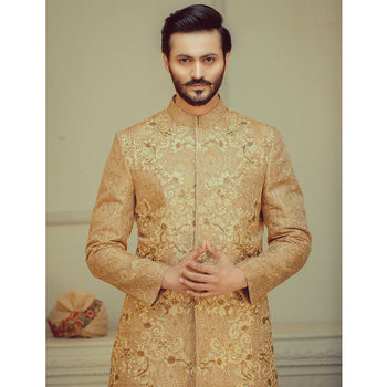 Superlative Gold Sherwani For Groom