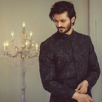Peerless Black Sequencely EMbroided Sherwani For Groom
