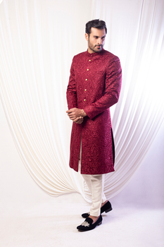 Maroon Self Embroided Sherwan