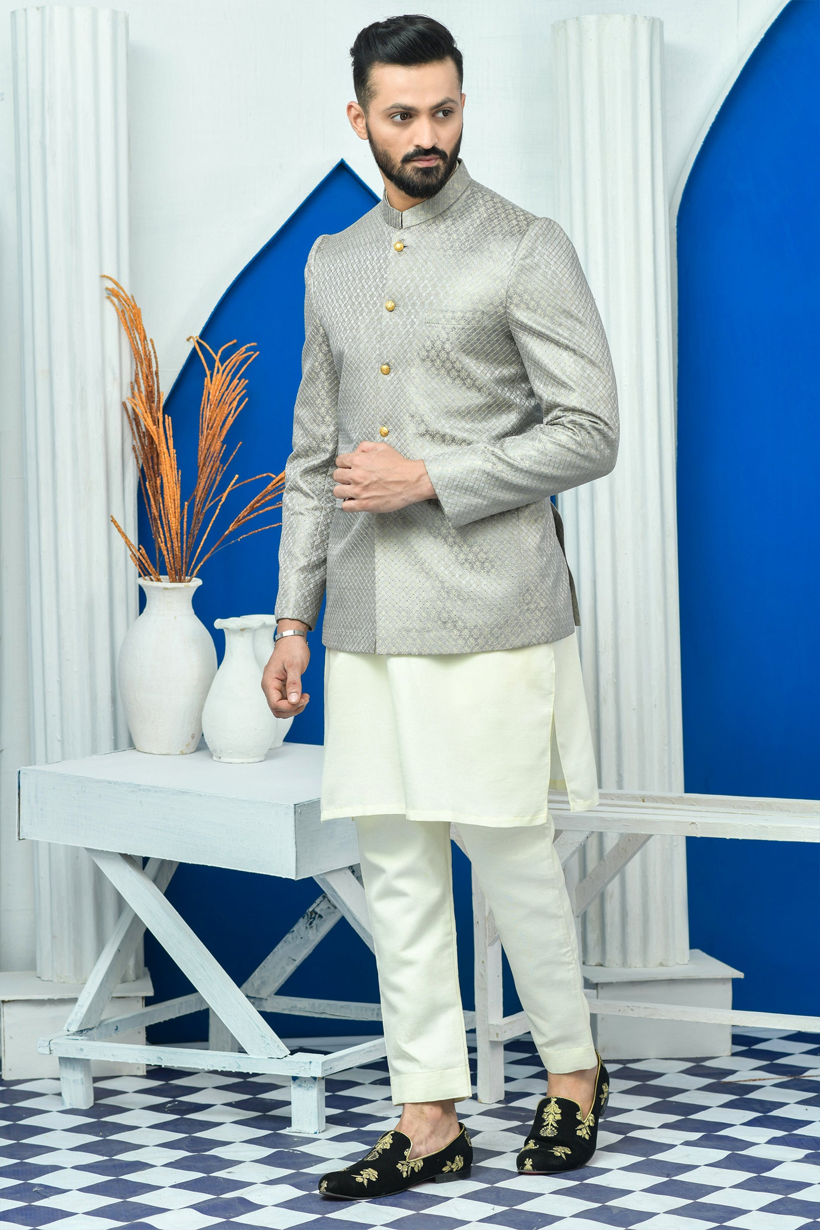 ER PC 2024 Grey Silver Aari Checkered Work Prince Coat – Edge Republic