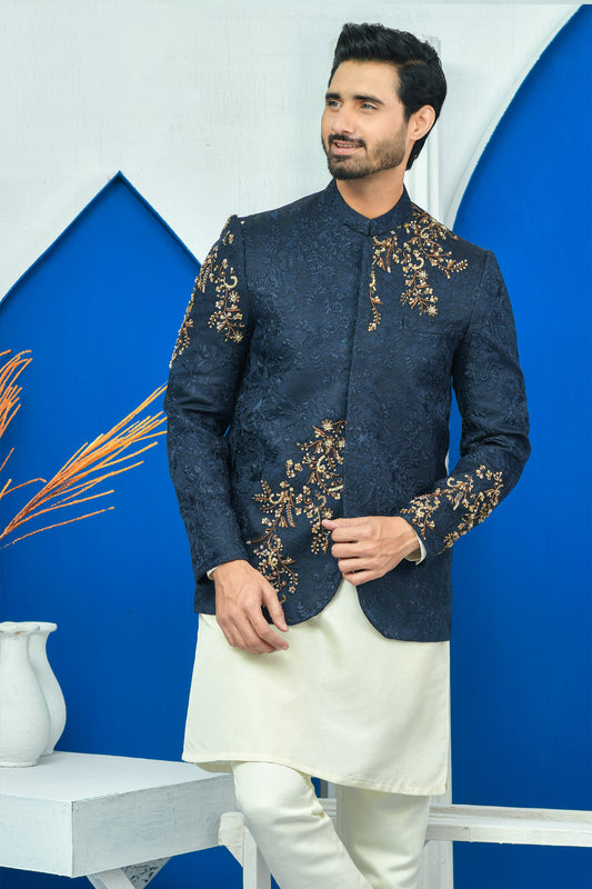 ER PC 2022 Navy Blue Kora Dabka Hand Embroided Prince Coat