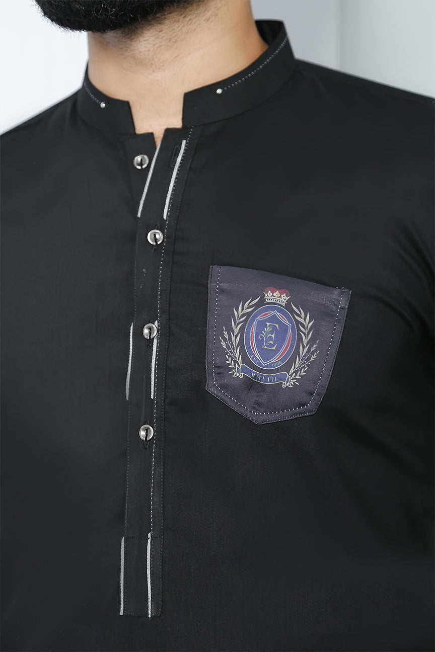ER 467 black Edge Republic Kurta Pajama For Men With Monogram Printed on Pocket