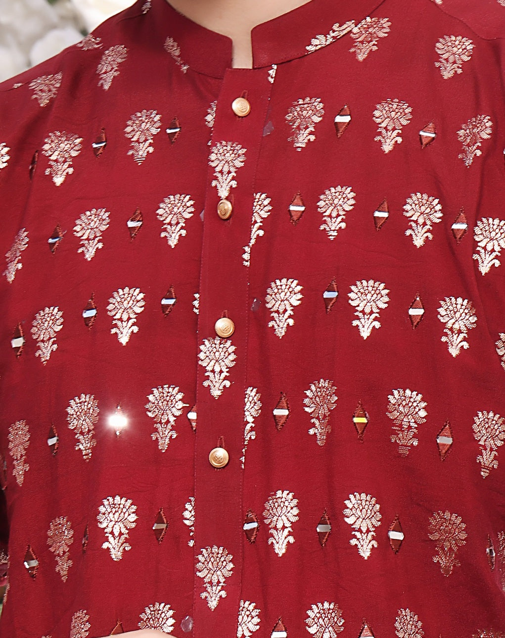 ER MR 30 Red Mirror  Embroidery Self Cotton Silk Fabric Kurta Pajama Mirror Work For Men