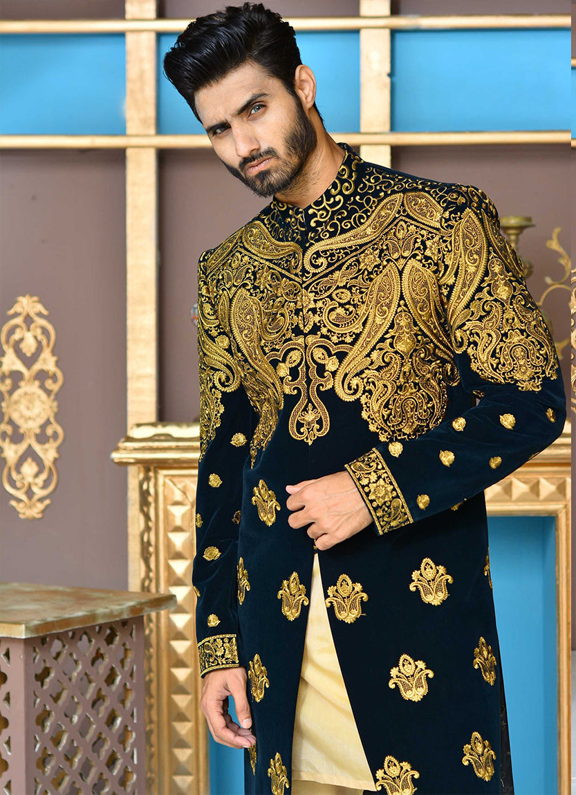 Er Sh-080 Ranveer Singh Sherwani Khali Style on Velvet With Copper Tilla Embroidery