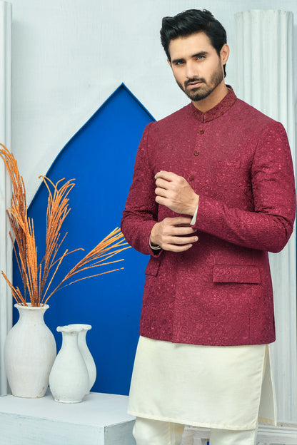 ER PC 2030 Maroon on Maroon elegant embroided Kora Dabka Work on Collar with Hand Finished Buttons Prince Coat