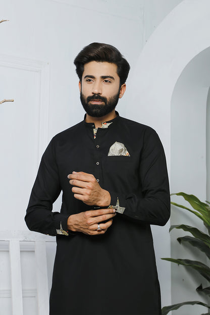 ER 473 Black Edge Republic Kurta Pajama For Men with Removable Pocket Square