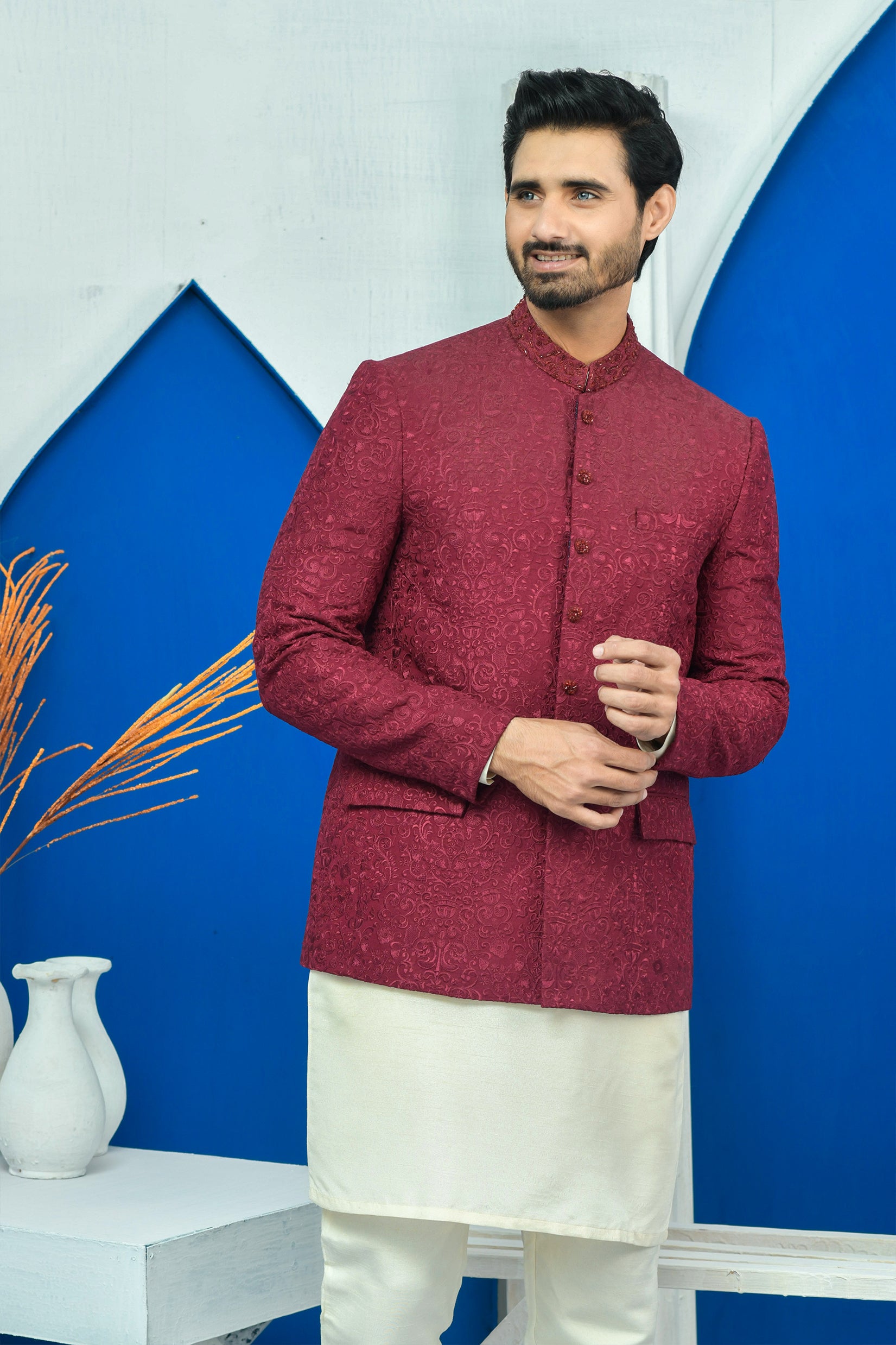 ER PC 2030 Maroon on Maroon elegant embroided Kora Dabka Work on Collar with Hand Finished Buttons Prince Coat