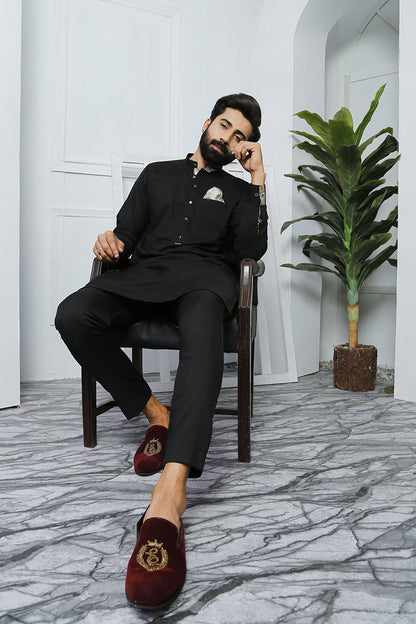 ER 473 Black Edge Republic Kurta Pajama For Men with Removable Pocket Square