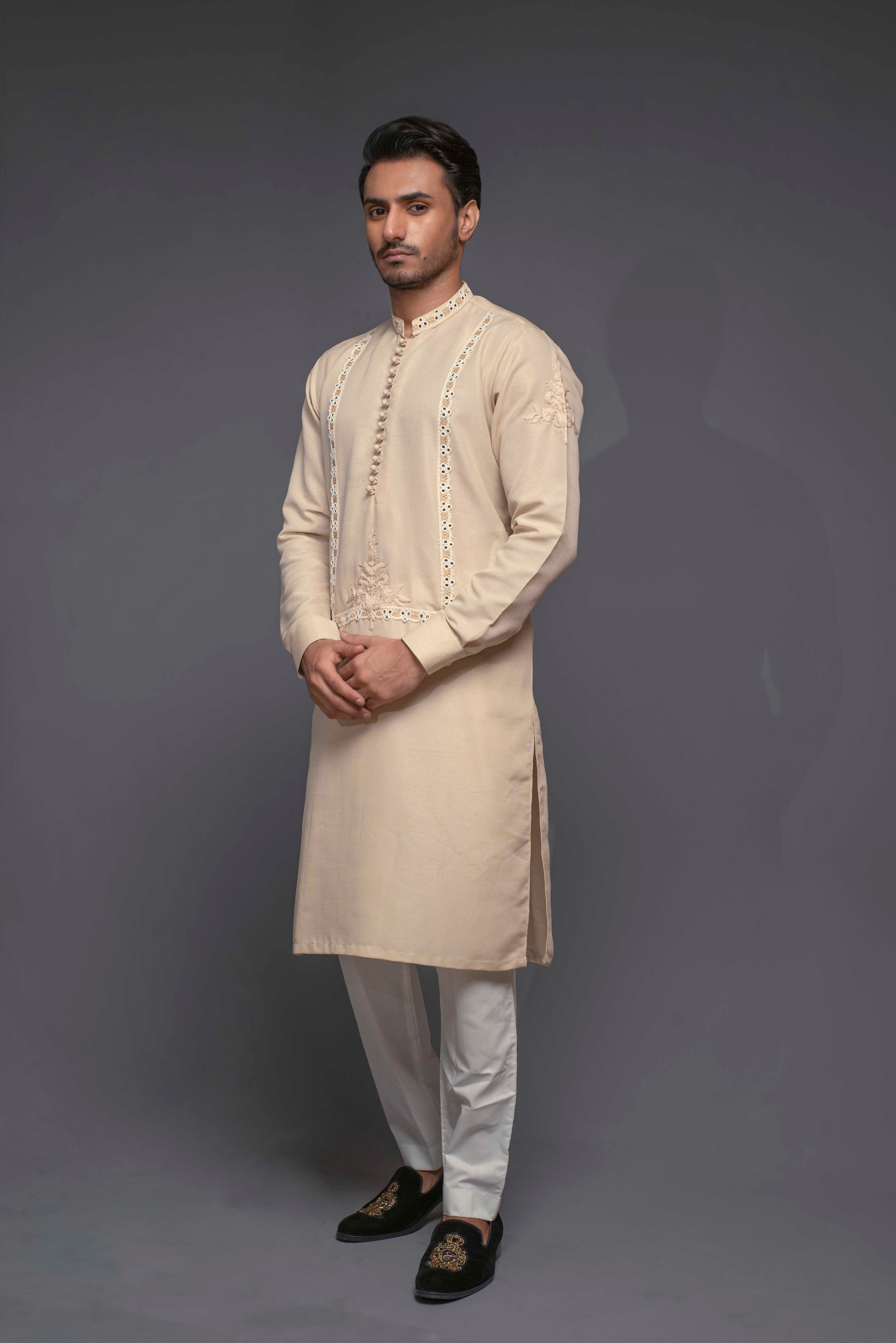 ER 520 Beige Embroided Raw Silk Kurta  With White Troser