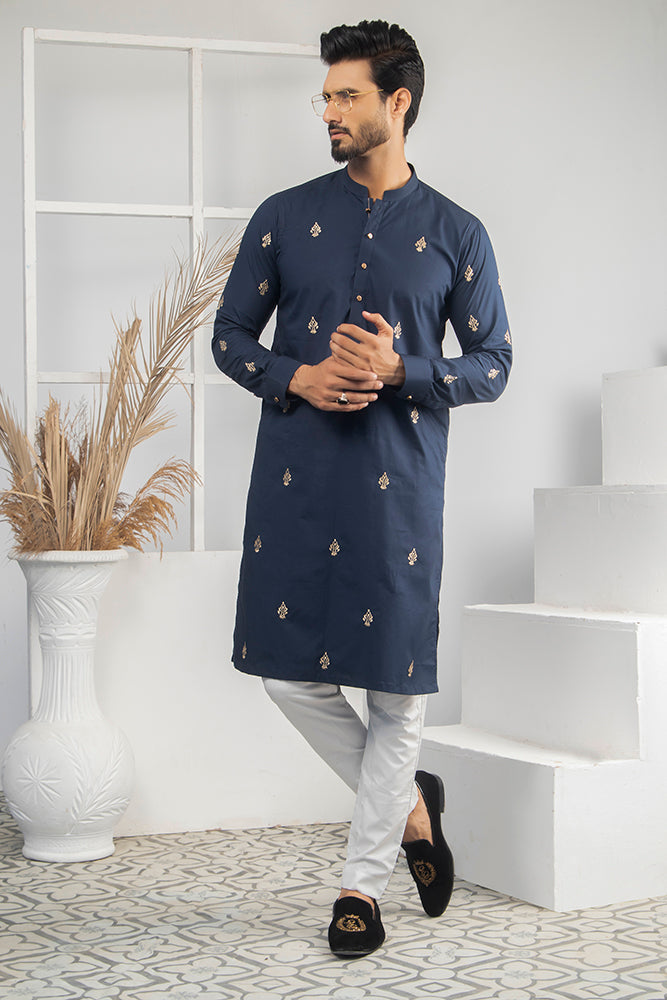 ER 525 Blue WIth Gold EMbroided Kurta And Off White Trouser