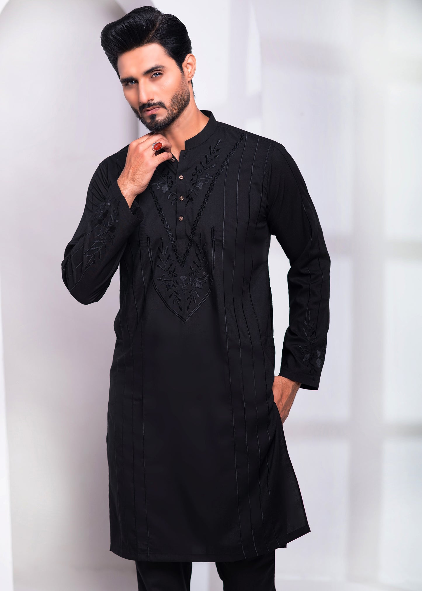 ER EMB 539 Black Uber Wash N wear With Resham Embroidery Kurta Pajama