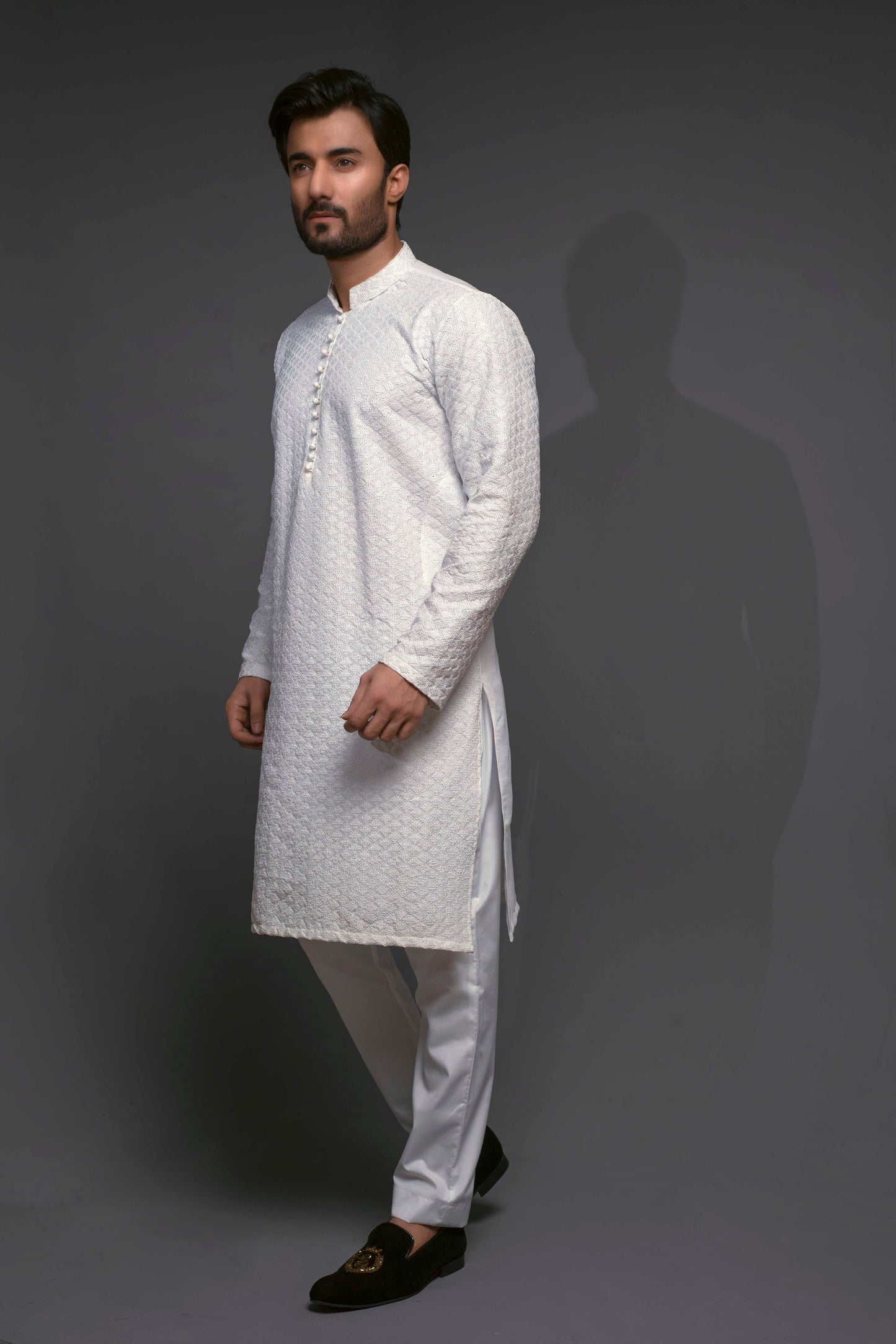 ER 521 White Chicken Kari Style Diagonal Embroided Kurta Pajama