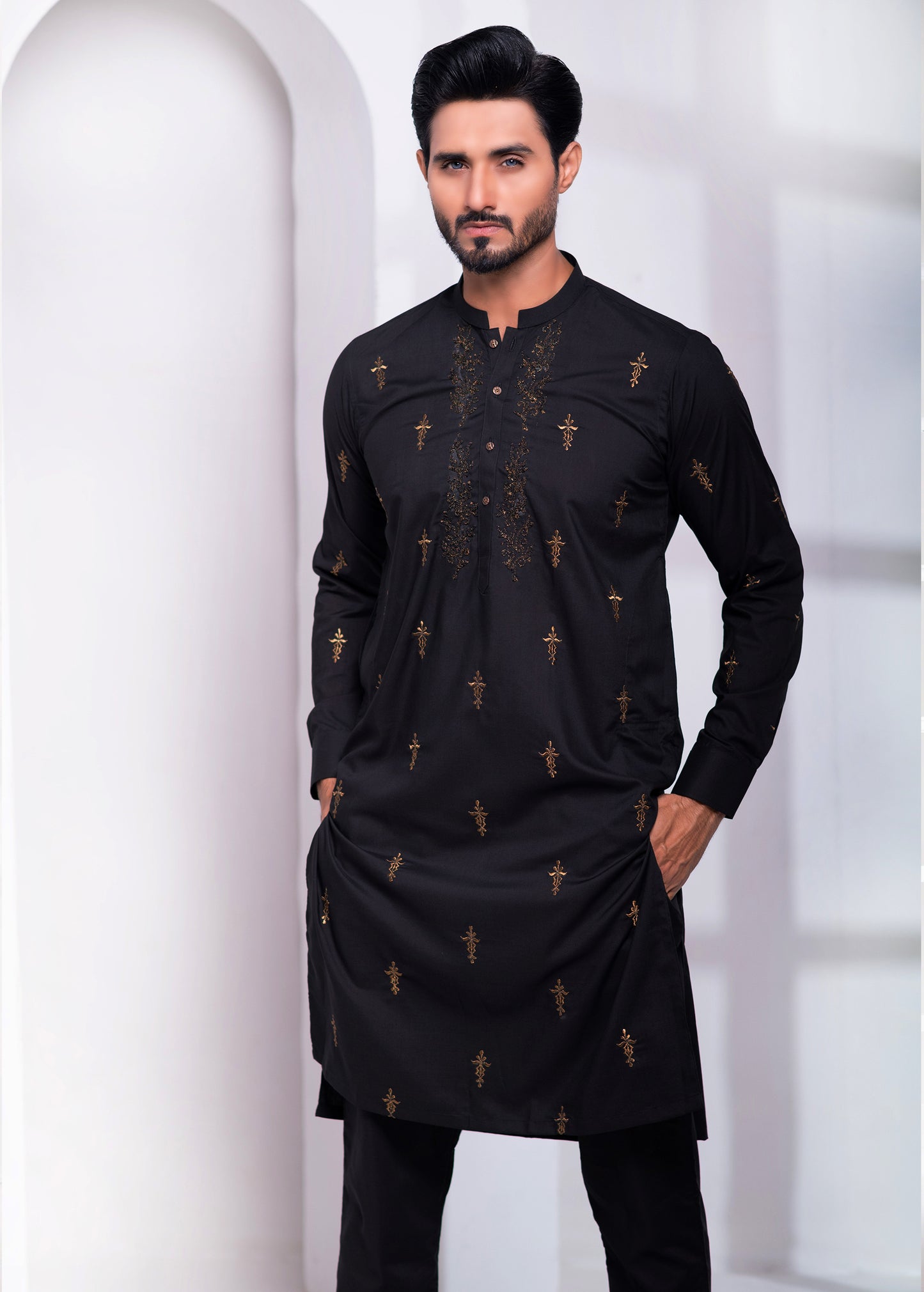 ER EMB 537 Black Ethinic Block Embroided Kurta Pajama