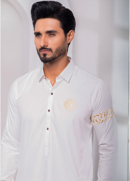 ER 534 Edge Kurta Shalwar Off white With Logo and Emboided SLeeves