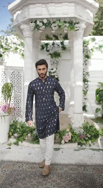 ER MR 22 Blue Mirror  Embroidery Self Cotton Silk Fabric Kurta Pajama