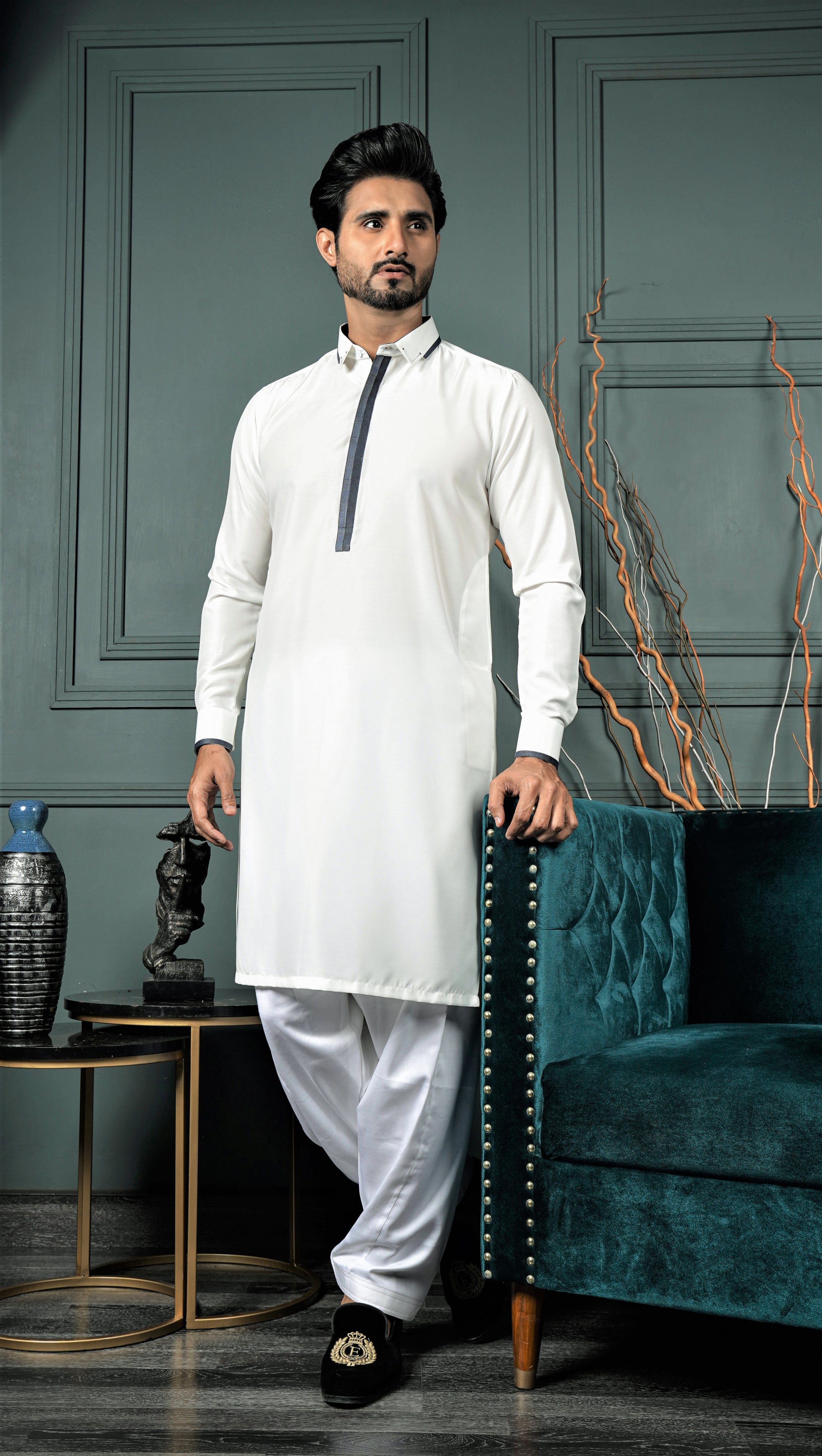 ER 607 White Collar and Placket Contrast 4 Season Blended Kameez Shalwar