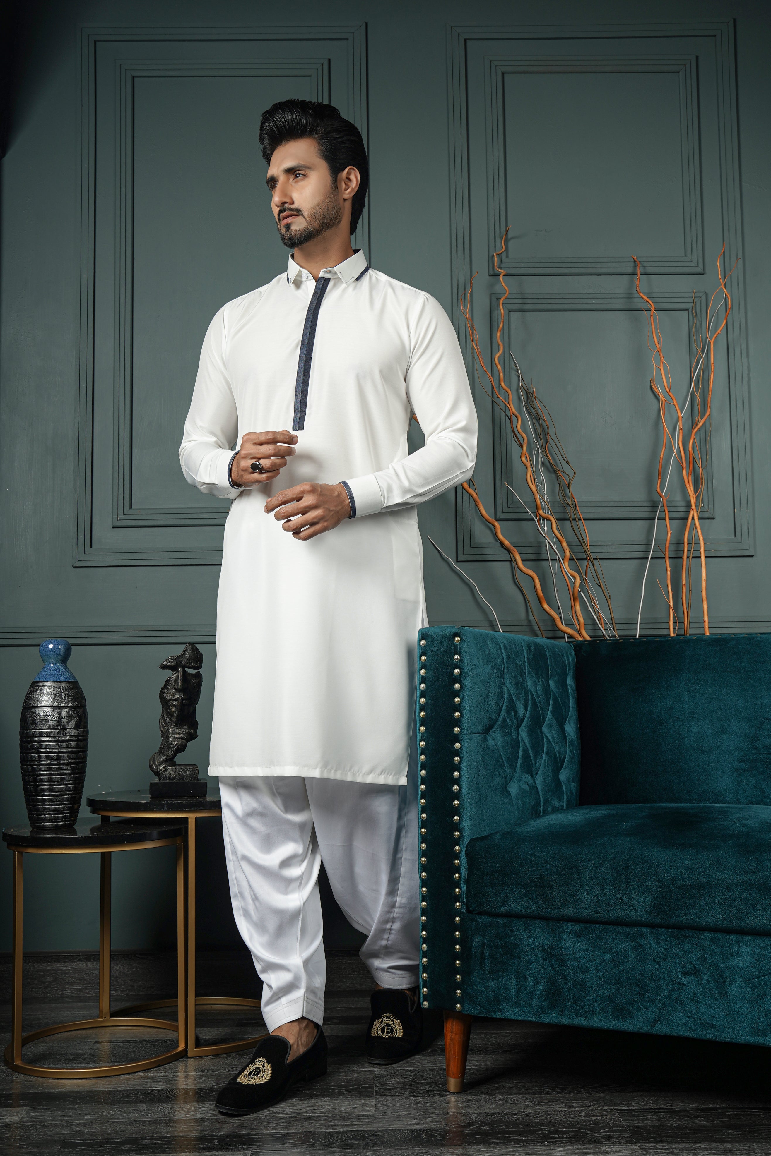 ER 607 White Collar and Placket Contrast 4 Season Blended Kameez Shalwar
