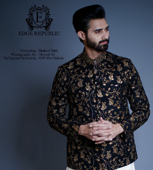 ER PC 2040 Black Exclusive Raw Silk SequenceEmbroided Prince Coat