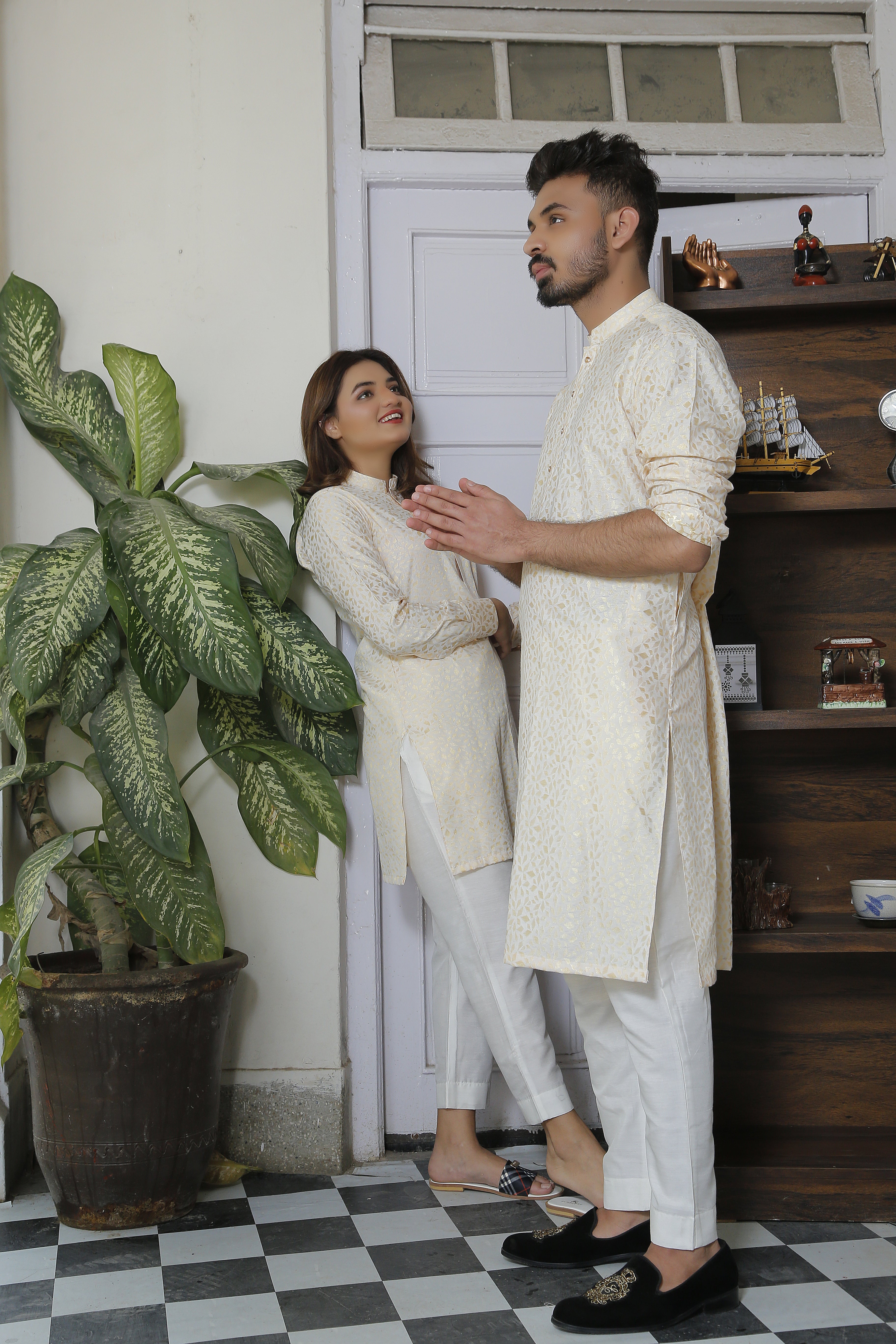 ER Self CP 9 Self Gold Eid Kurta With White Trouser FOR Couples