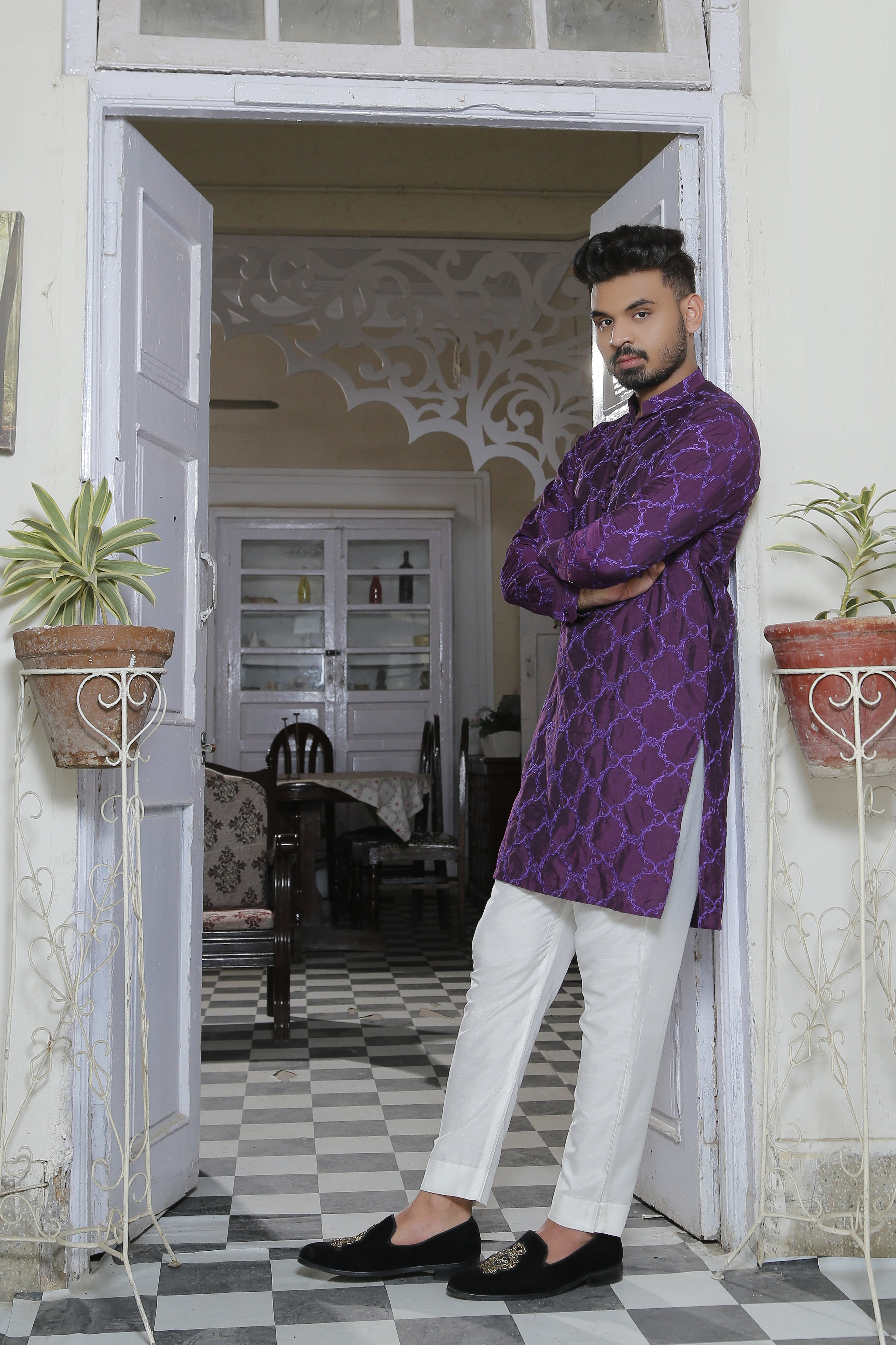 ER EMB 562 Purple Embroided Kurta With White Trouser