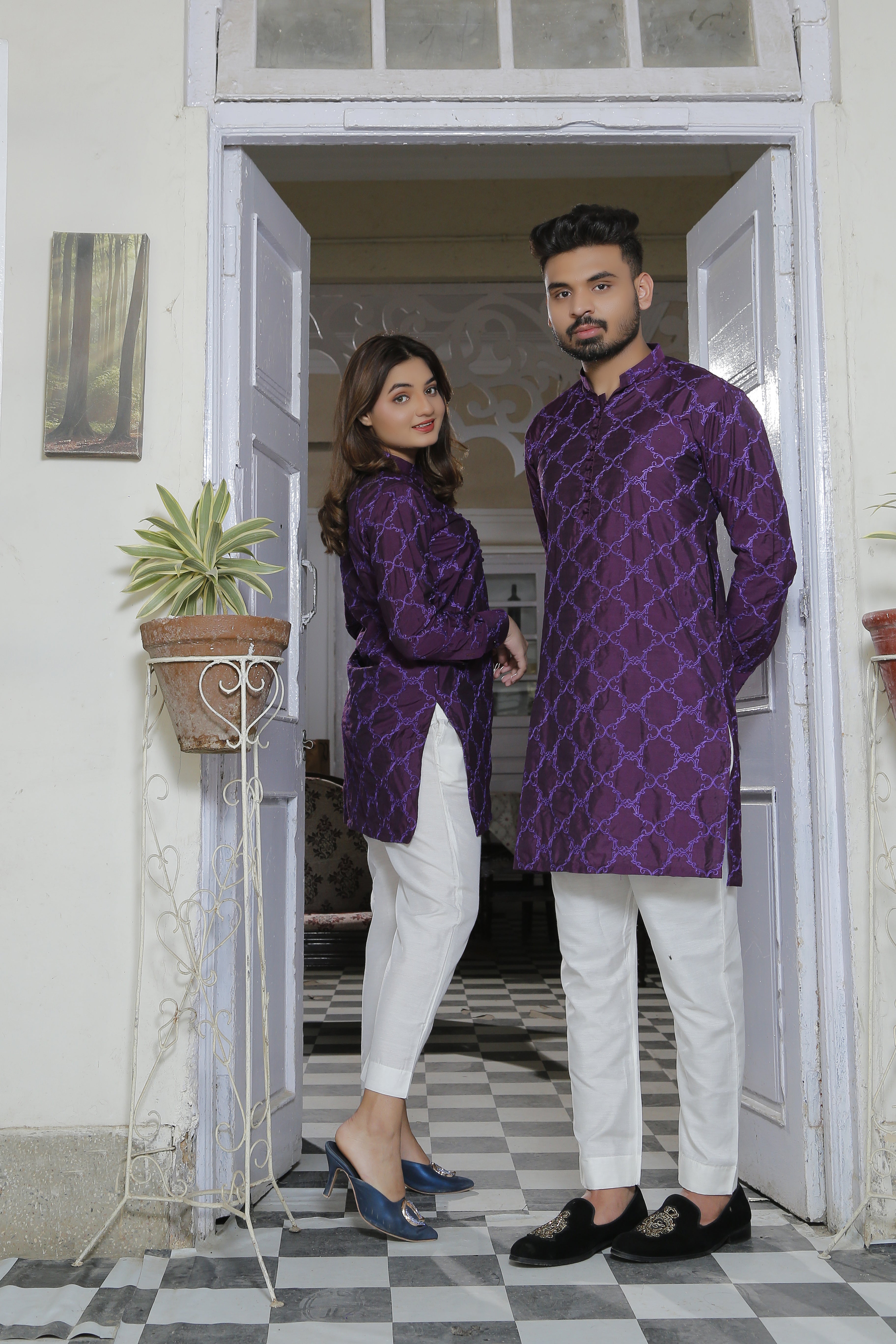 ER EMB CP 7 Purple Embroided Kurta With White Trouser For Couple