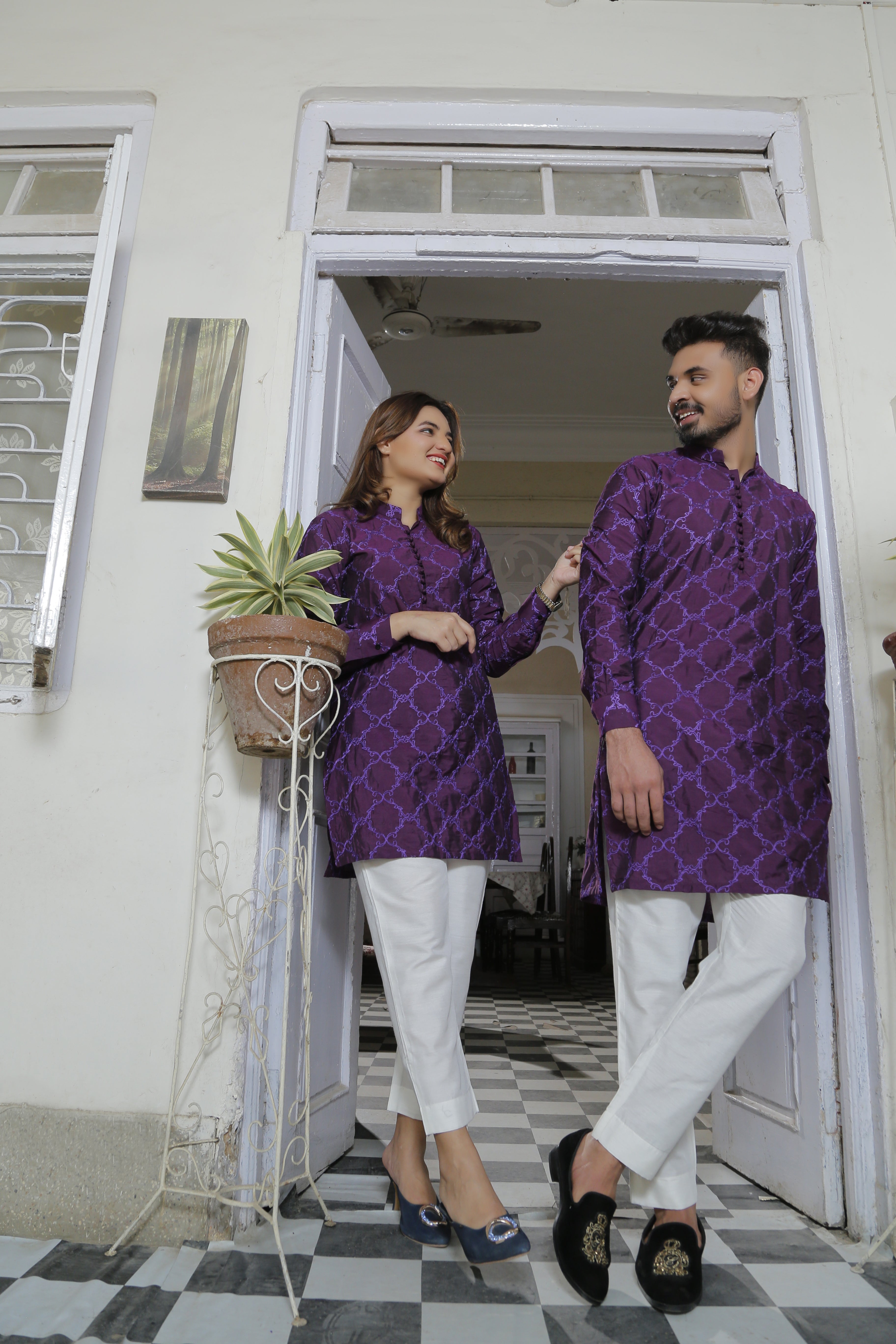 ER EMB CP 7 Purple Embroided Kurta With White Trouser For Couple