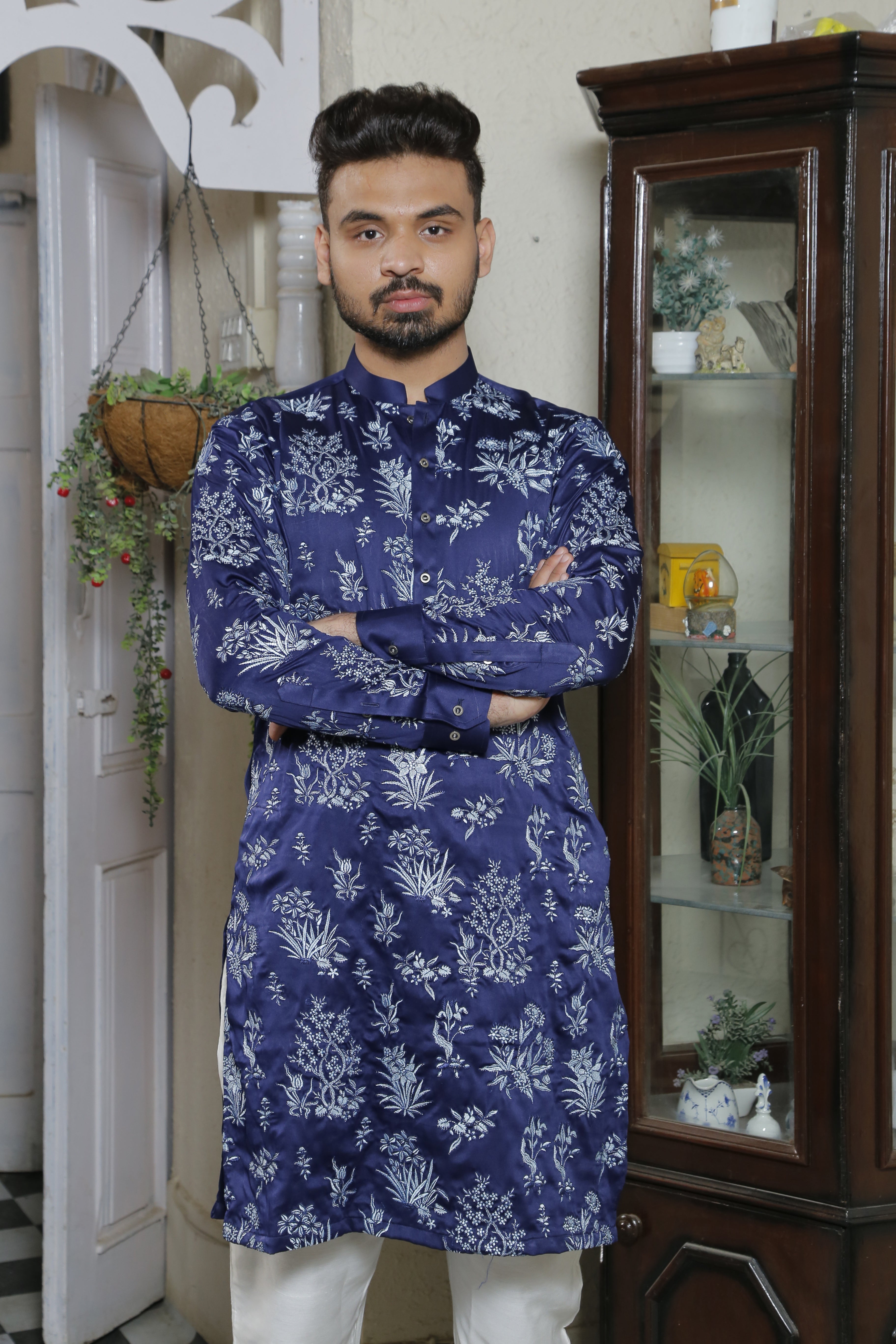 ER CP 6 Bluish Color with Floral Embroided Kurta With White Trouser For Couples