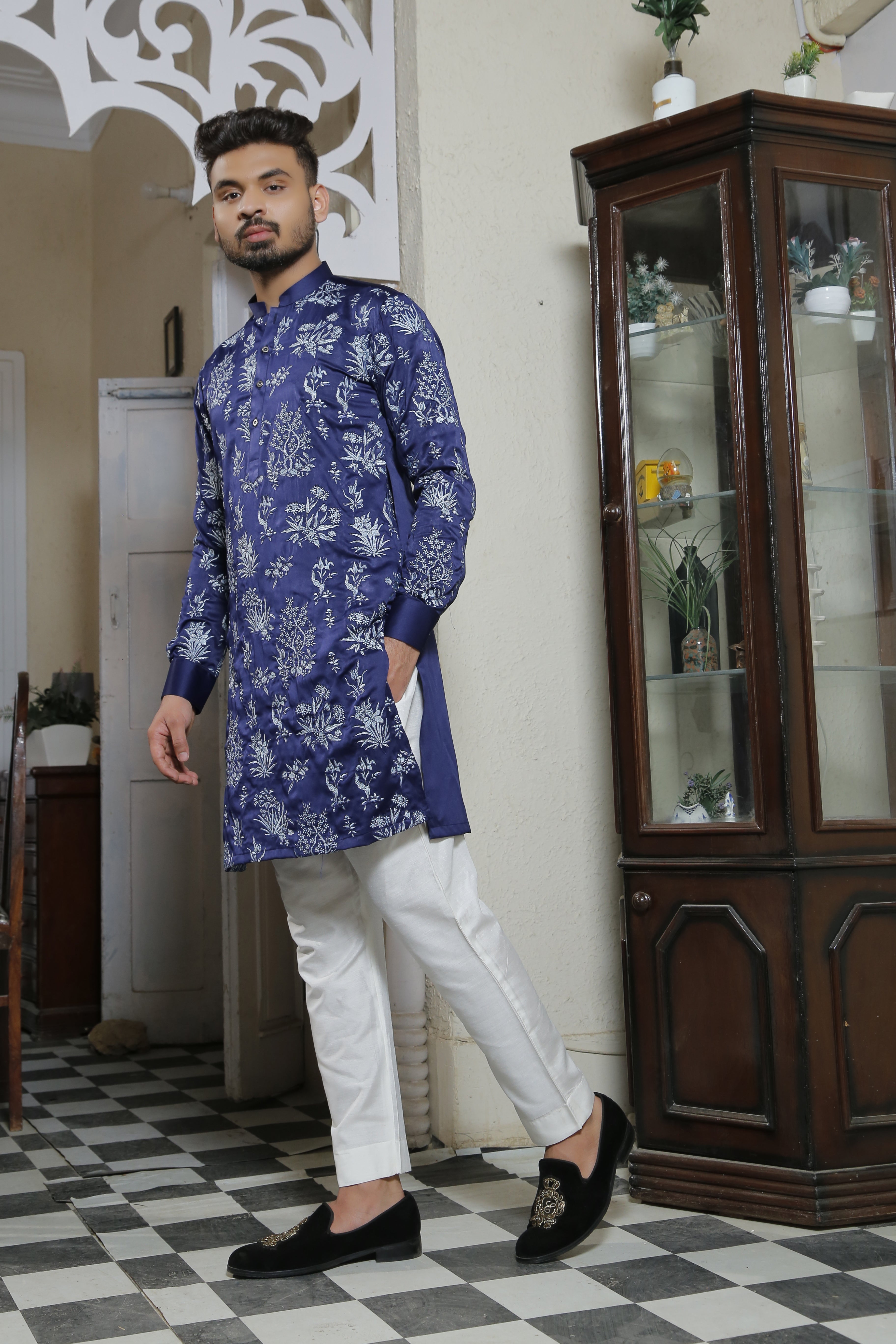 ER EMB 563 Bluish Color with Floral Embroided Kurta With White Trouser