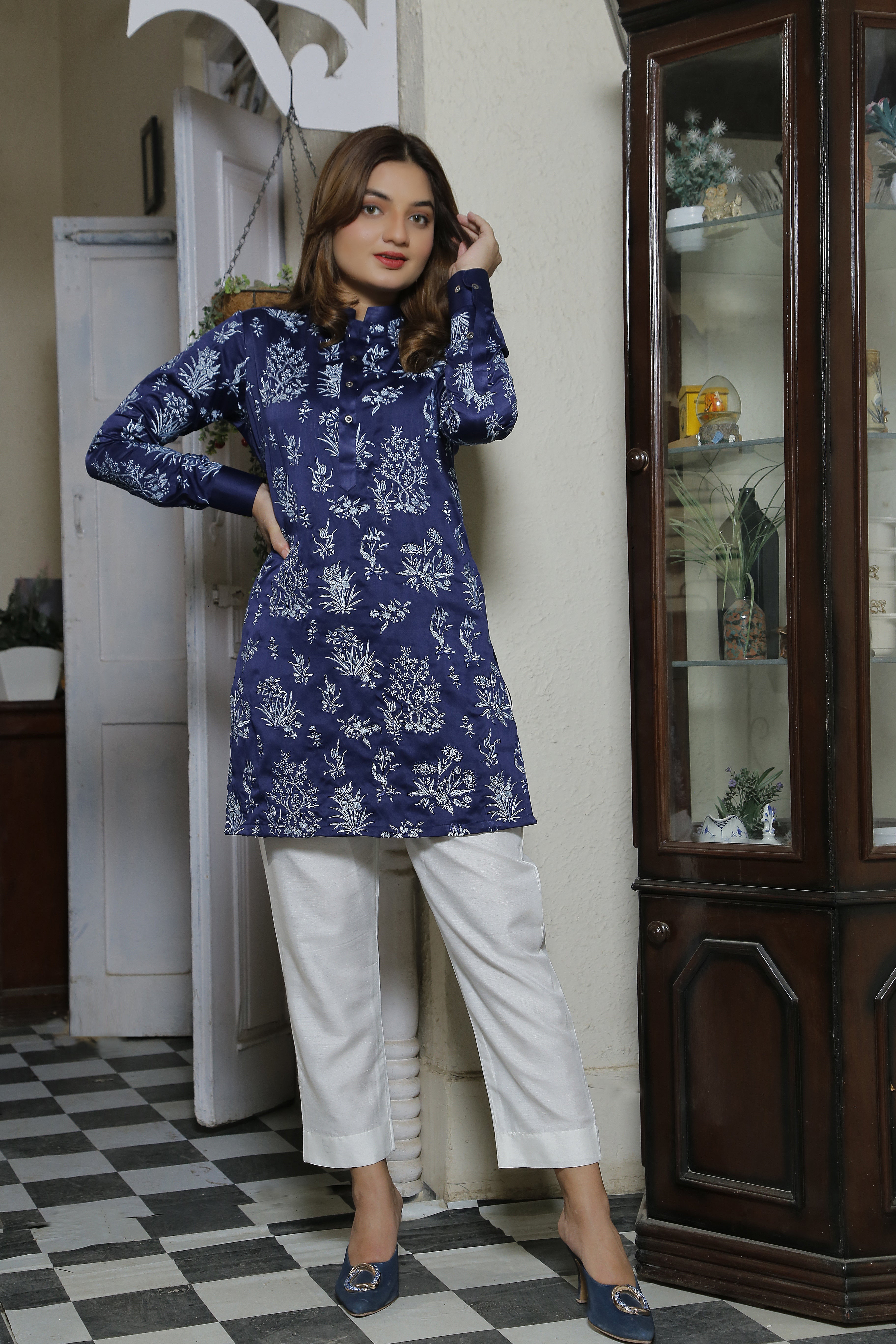 ER CP 6 Bluish Color with Floral Embroided Kurta With White Trouser For Couples
