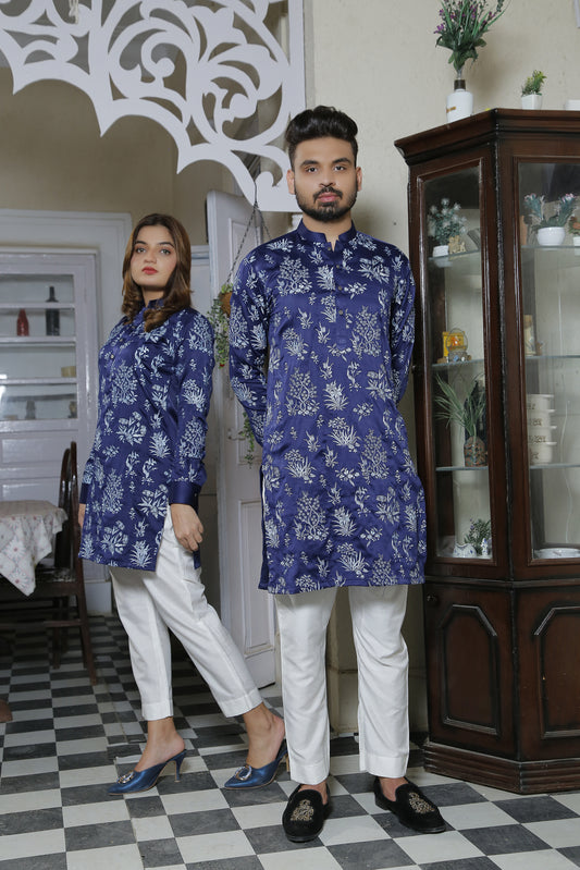 ER CP 6 Bluish Color with Floral Embroided Kurta With White Trouser For Couples