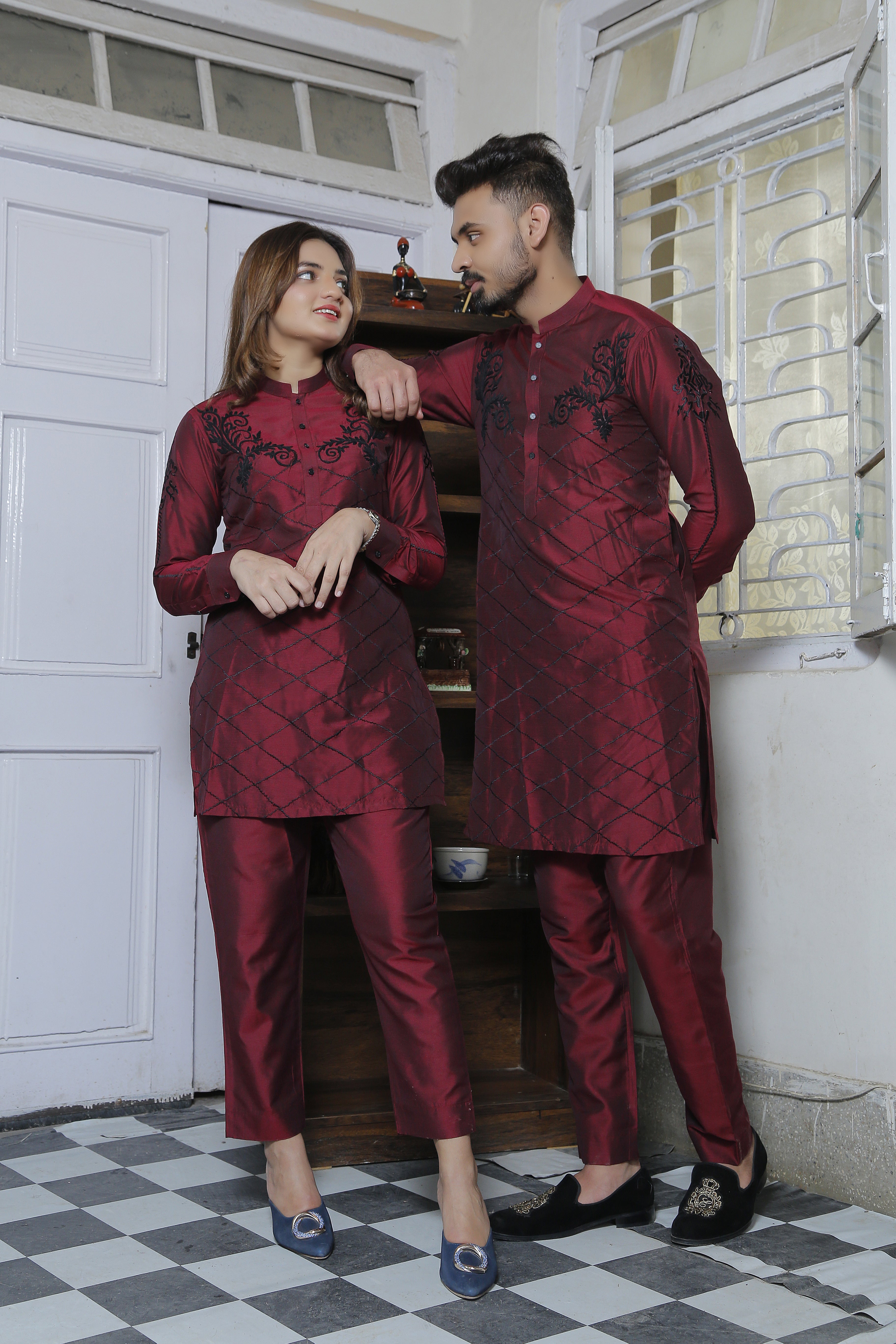 ER CP 5 Maroon Cotton Silk Kurta Pajama With Black Extravagant Embroidery For Couples