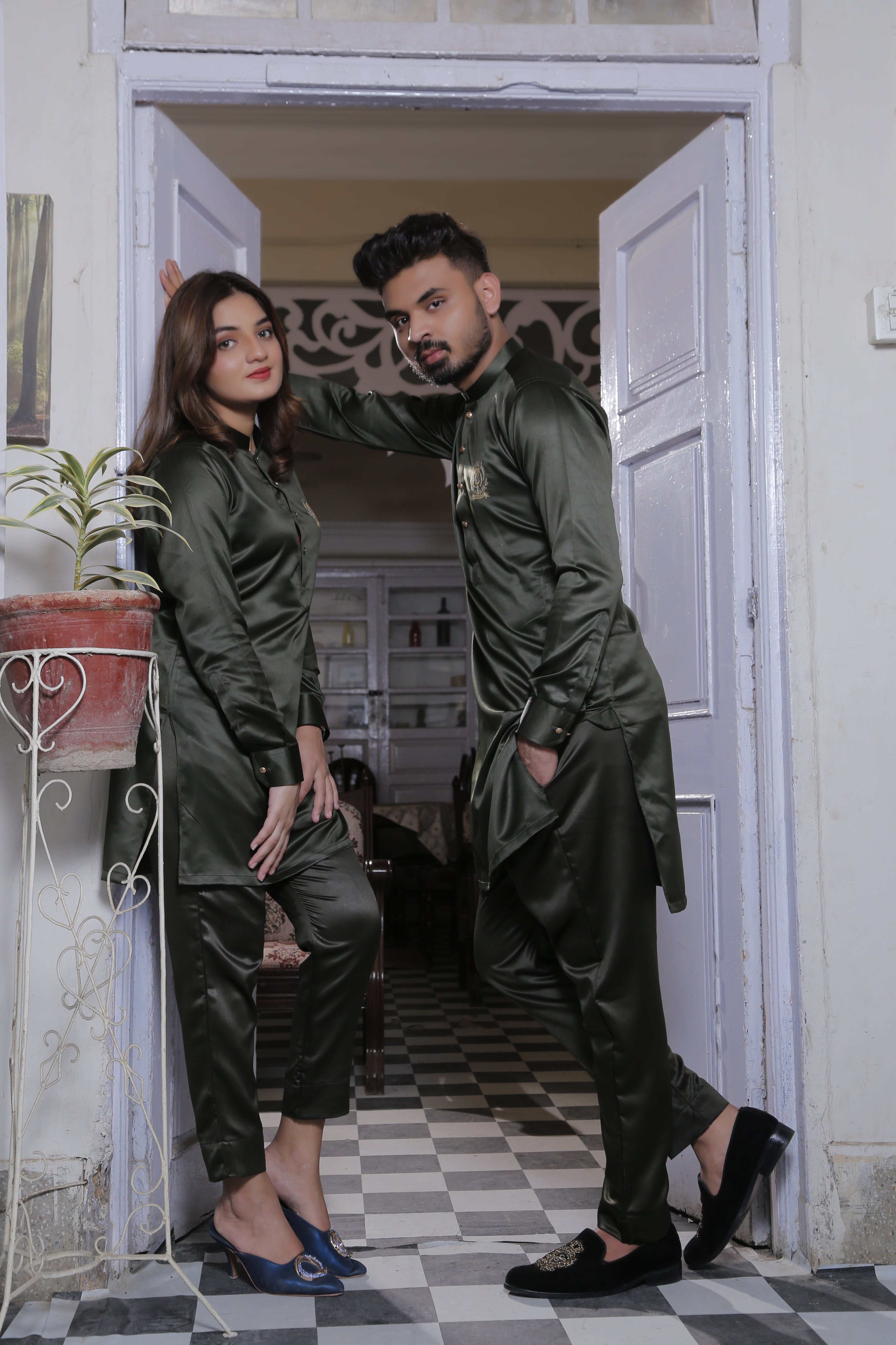 ER Green CP 8 Olive green Kurta Pajama with Gold Buttons For Couples