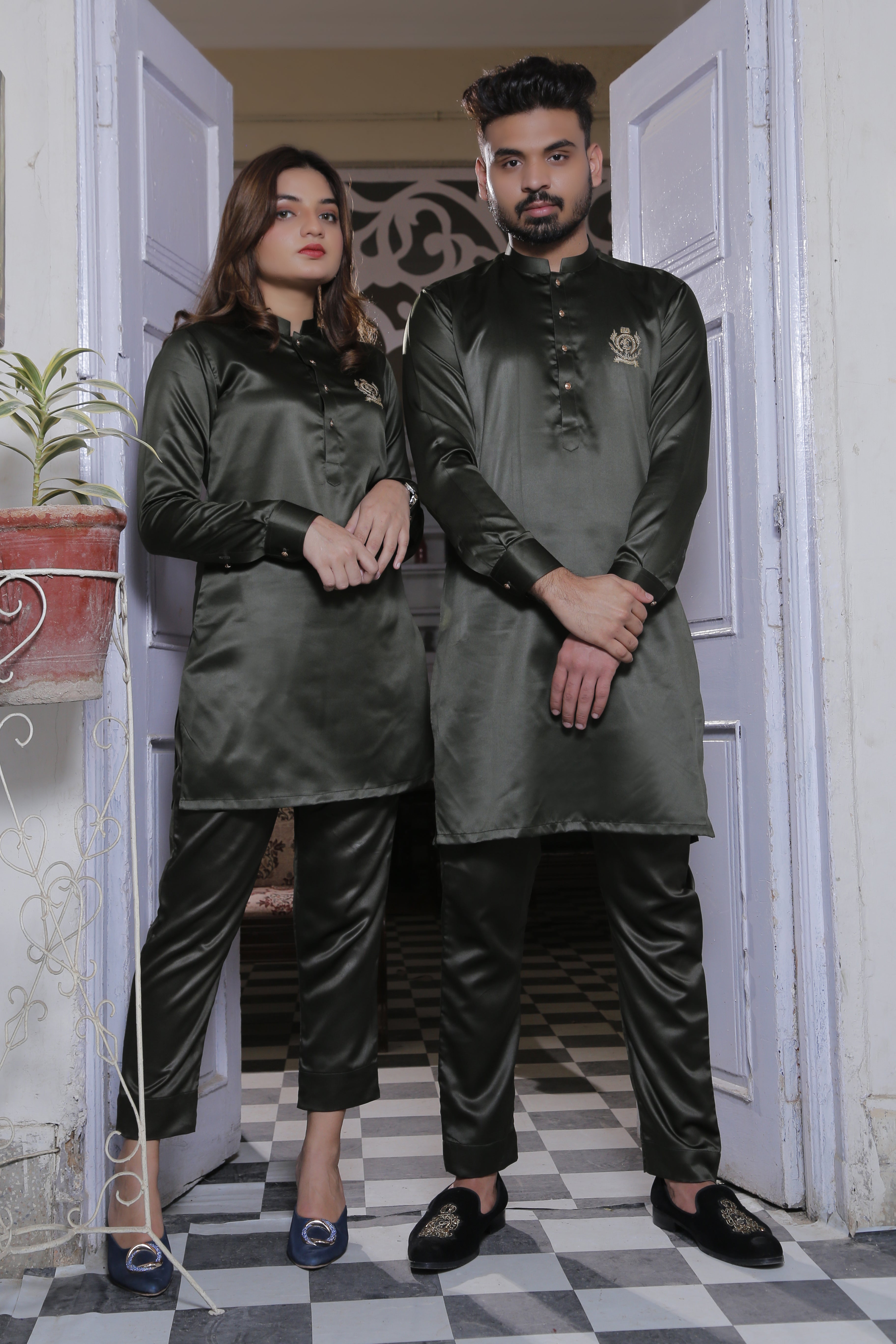 ER Green CP 8 Olive green Kurta Pajama with Gold Buttons For Couples