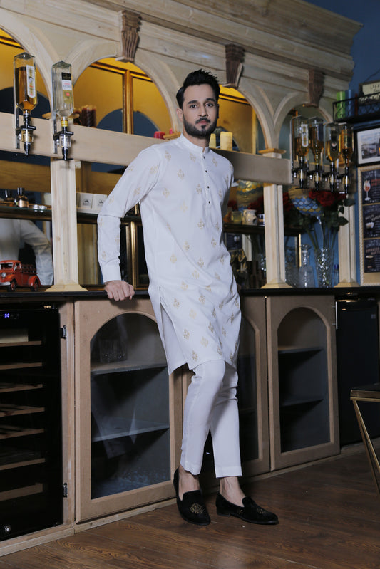 ER 570 White Delicated Motif Embroided Kurta Pajama For Men