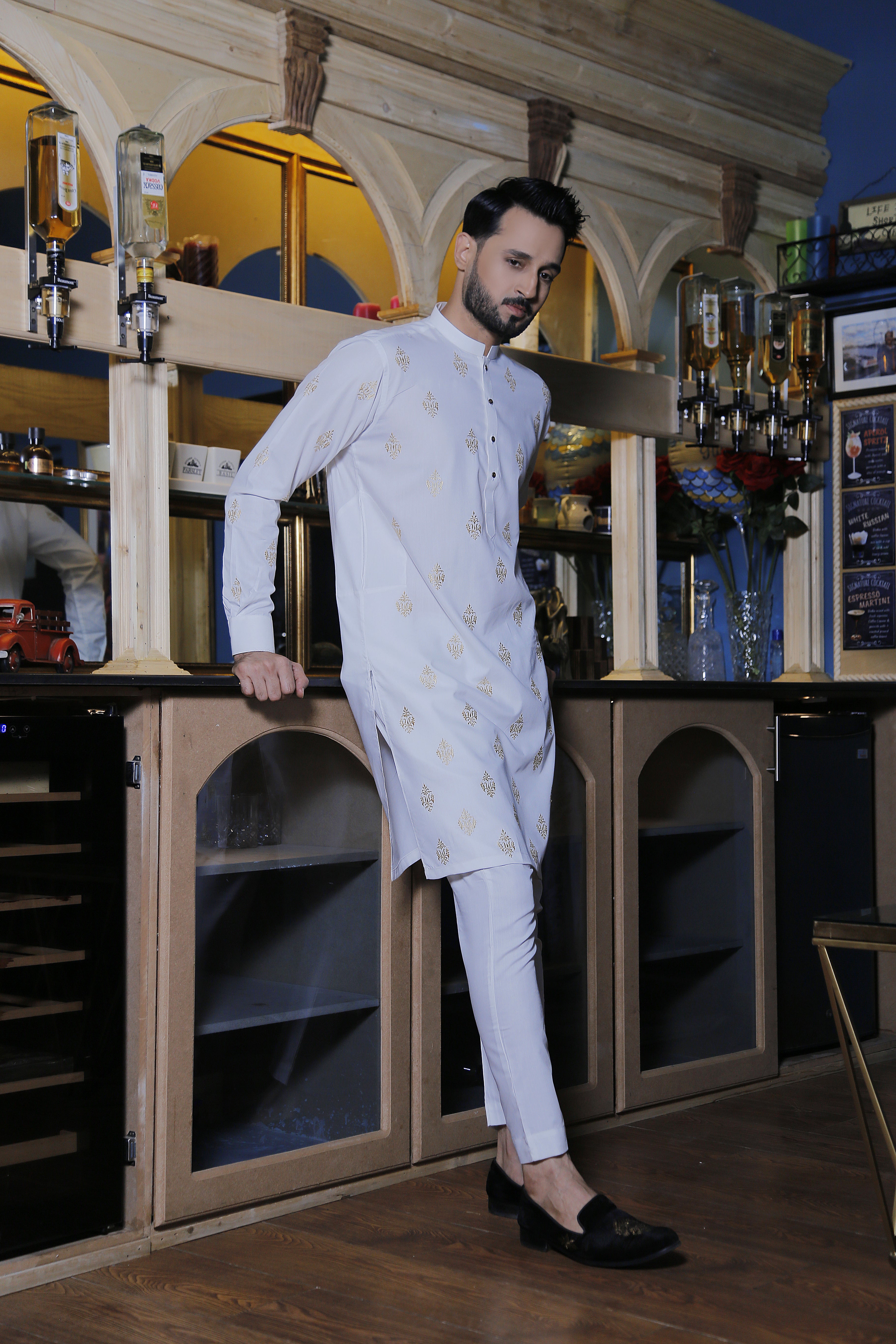 ER 570 White Delicated Motif Embroided Kurta Pajama For Men