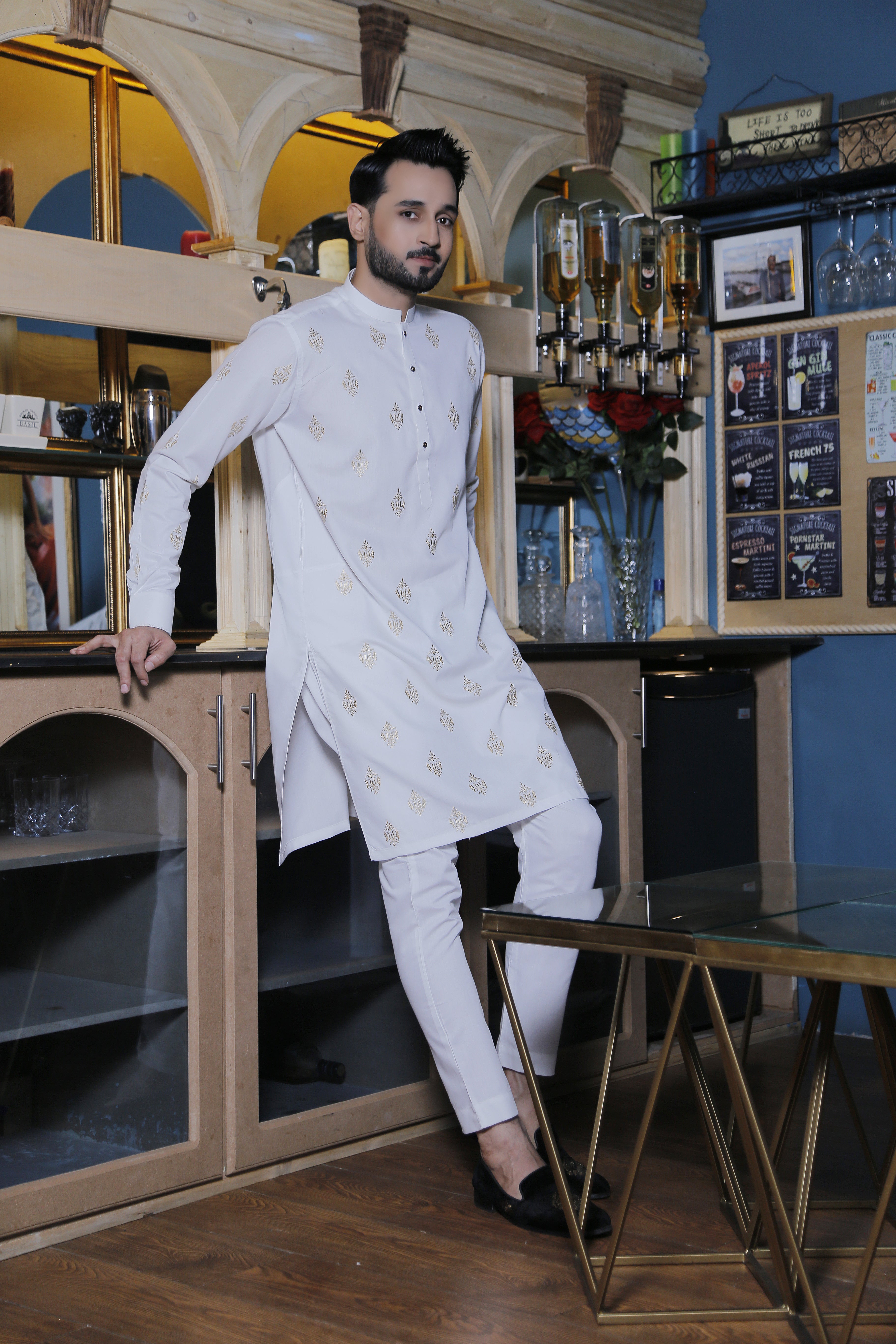 ER 570 White Delicated Motif Embroided Kurta Pajama For Men