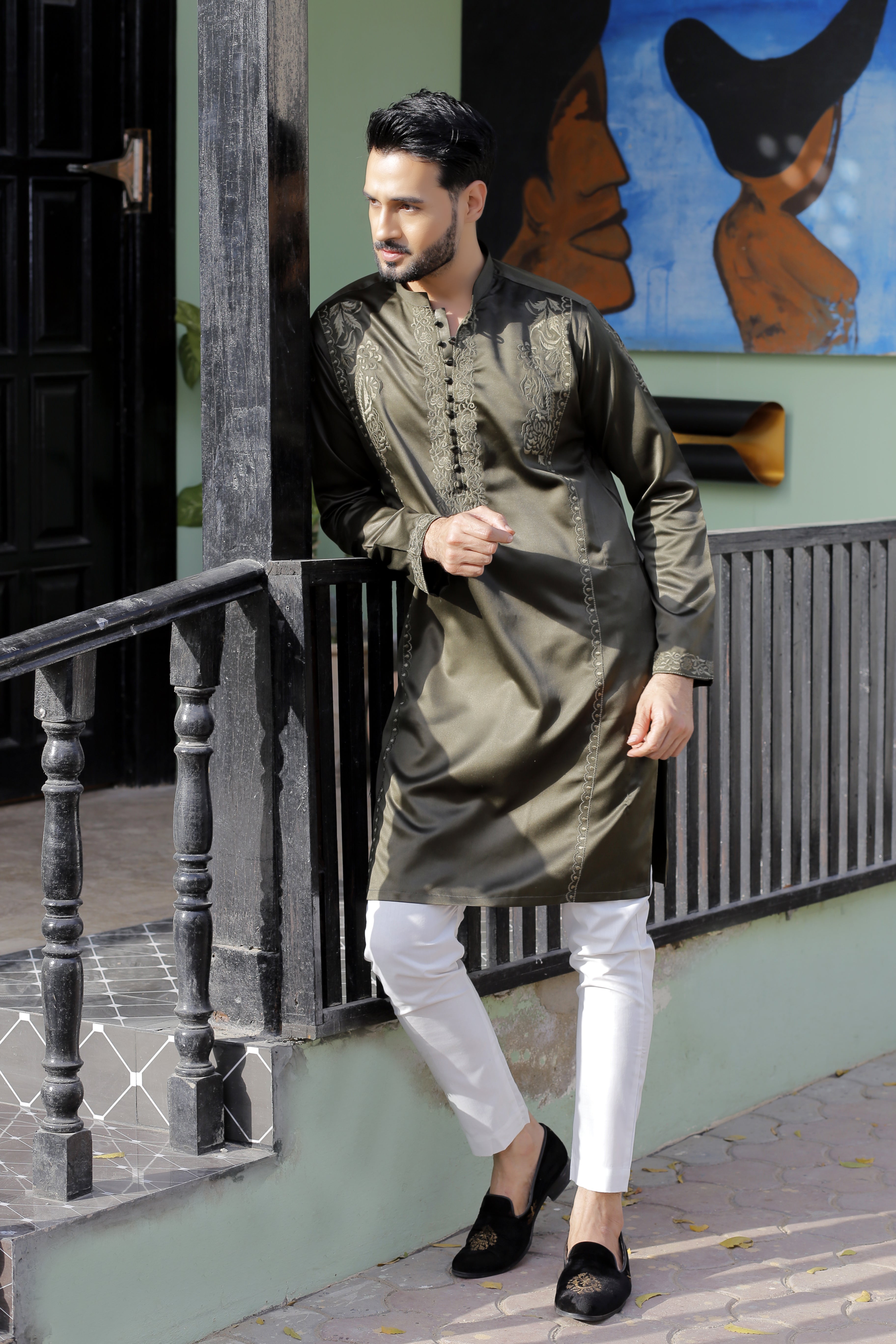 ER 567 Olive Green Silk With Punch  Embroided Kurta With White Pajama For Men