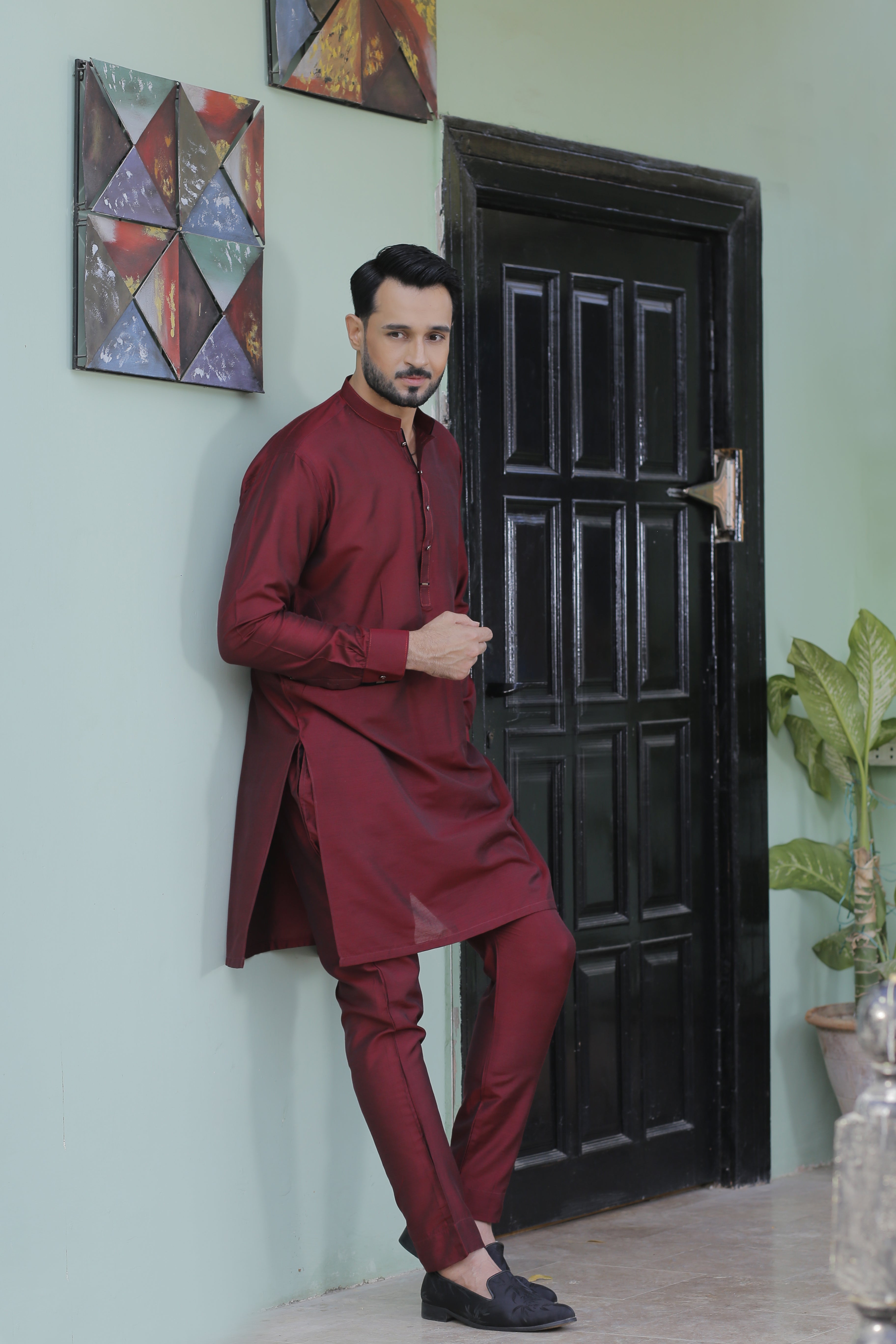 ER 571 Maroon Cotton Silk Kurta Pajama with velvet finish For Men