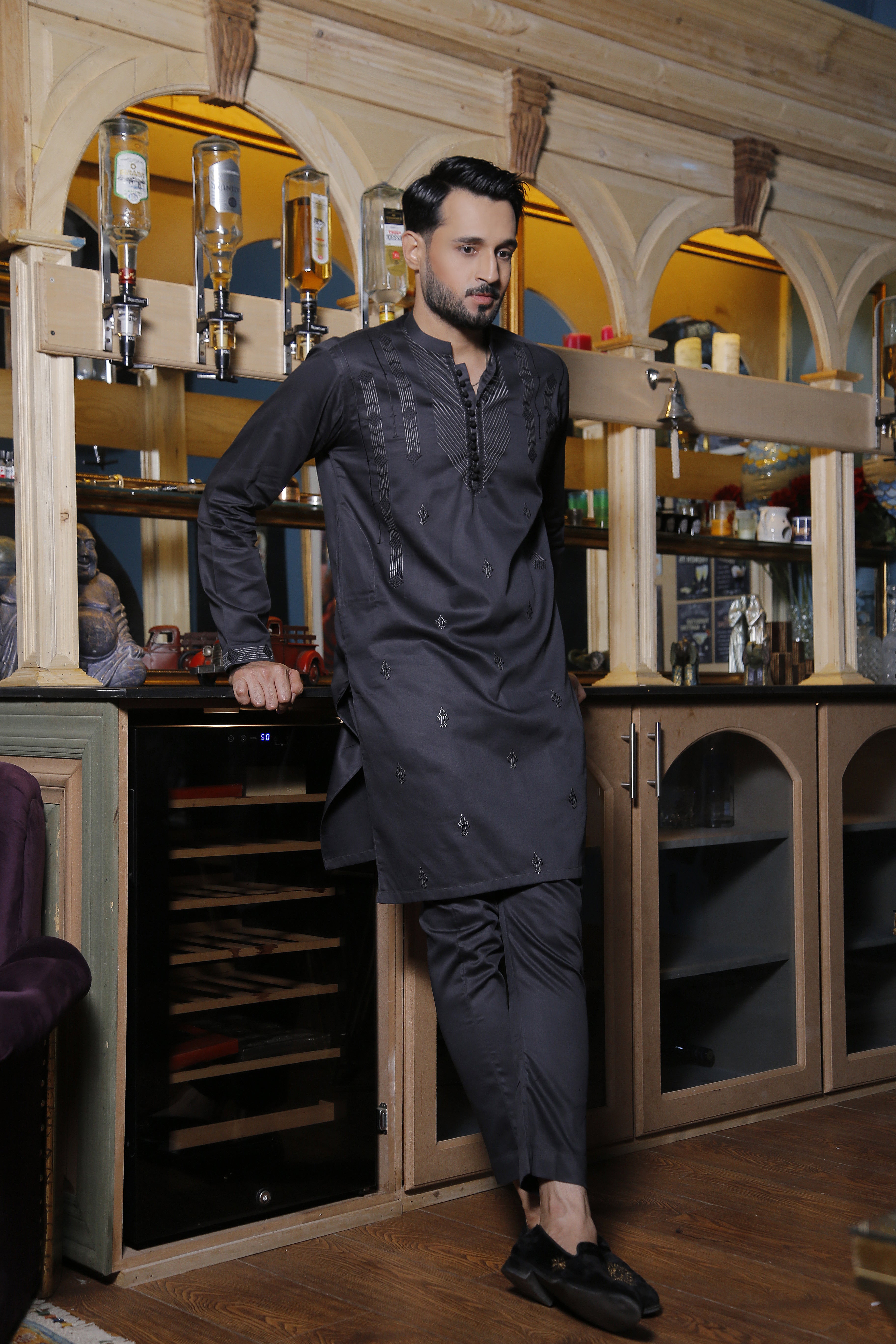ER 569 Grey Shine With Light Grey And Black Combination Embroidery For Men
